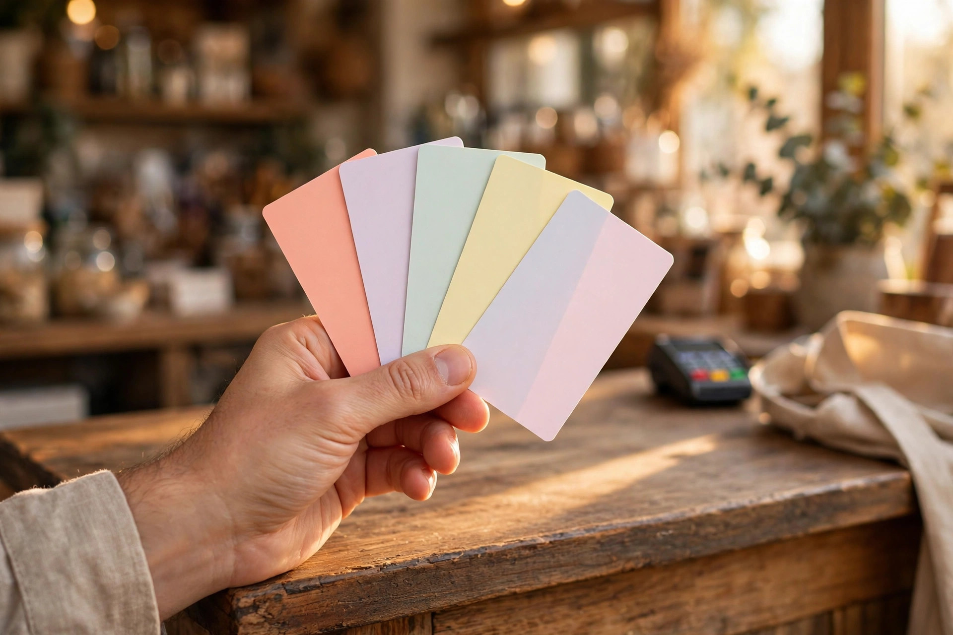 Hand fanning a stack of blank pastel gift cards over a wooden checkout counter, warm store light, no logos or text