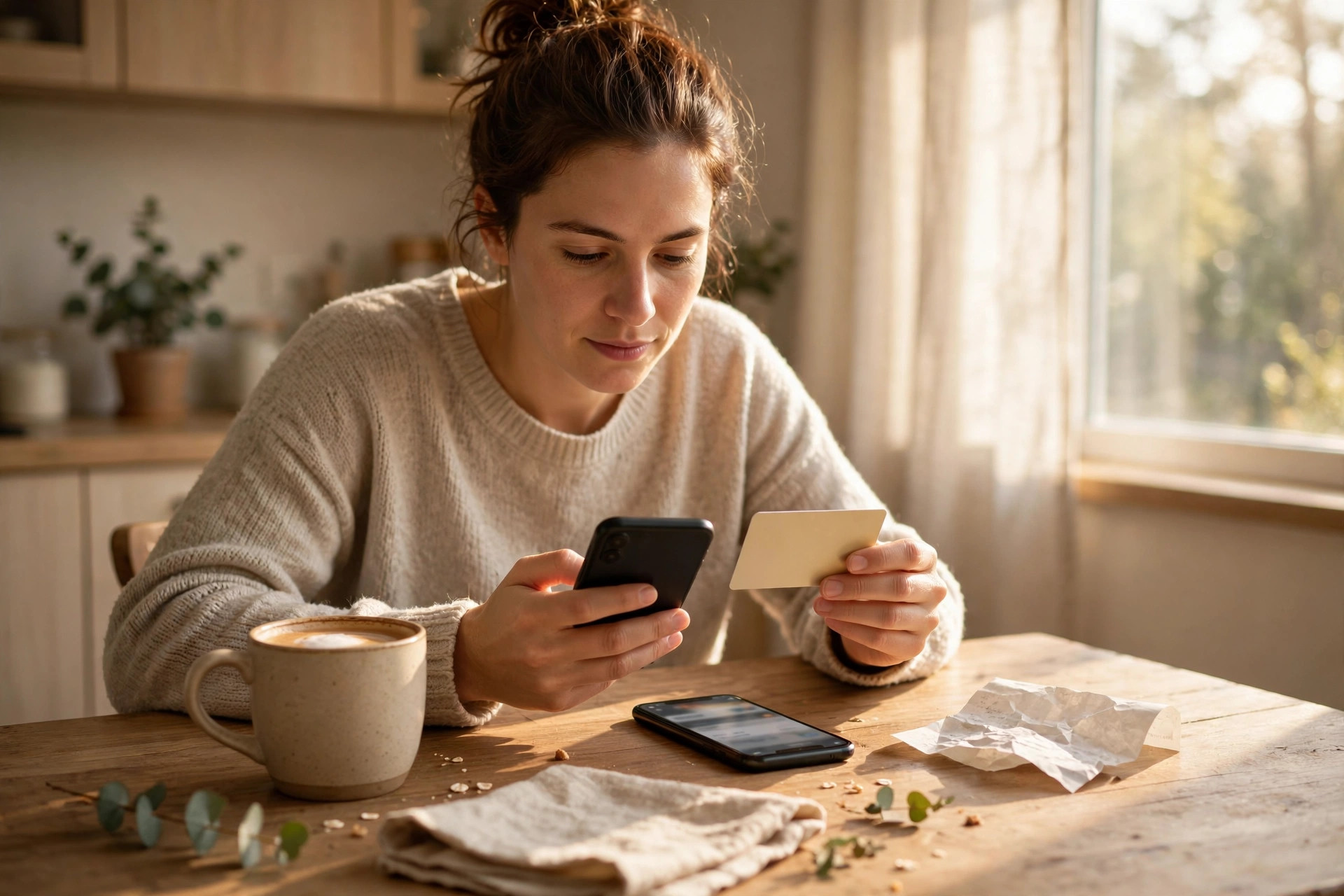 Woman at a kitchen table checking a blank gift card against a smartphone, receipt and coffee nearby, morning light