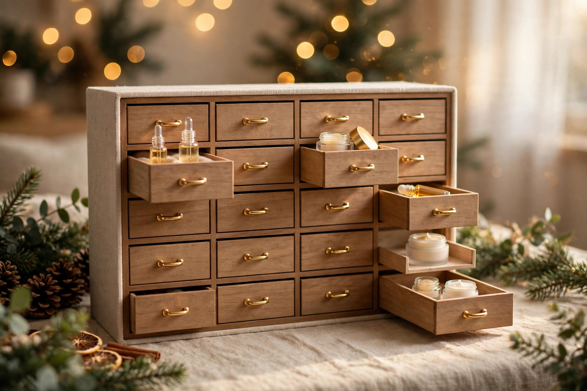 Open beauty advent calendar with small drawers revealing cosmetics bottles