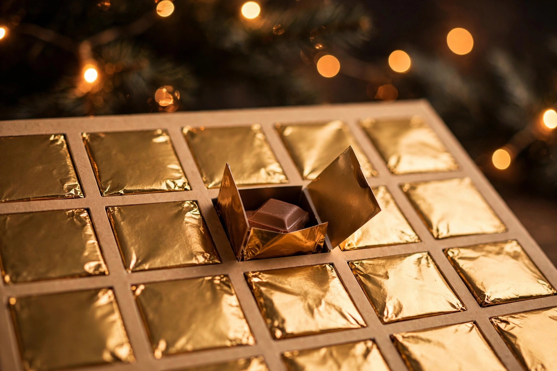 Chocolate advent calendar with gold foil doors, one door open