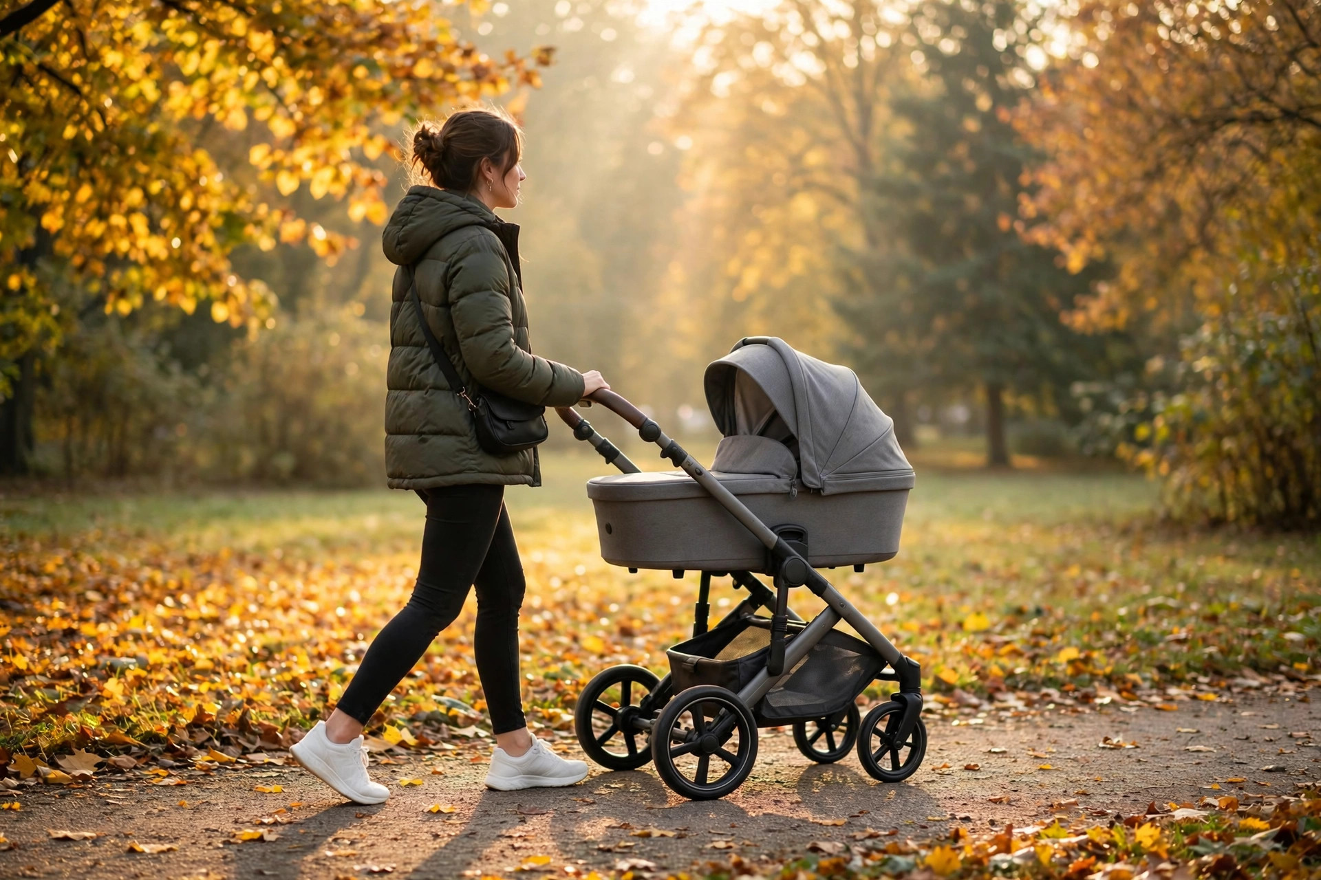A parent pushing a gray baby stroller along a leaf-covered park path in autumn morning light