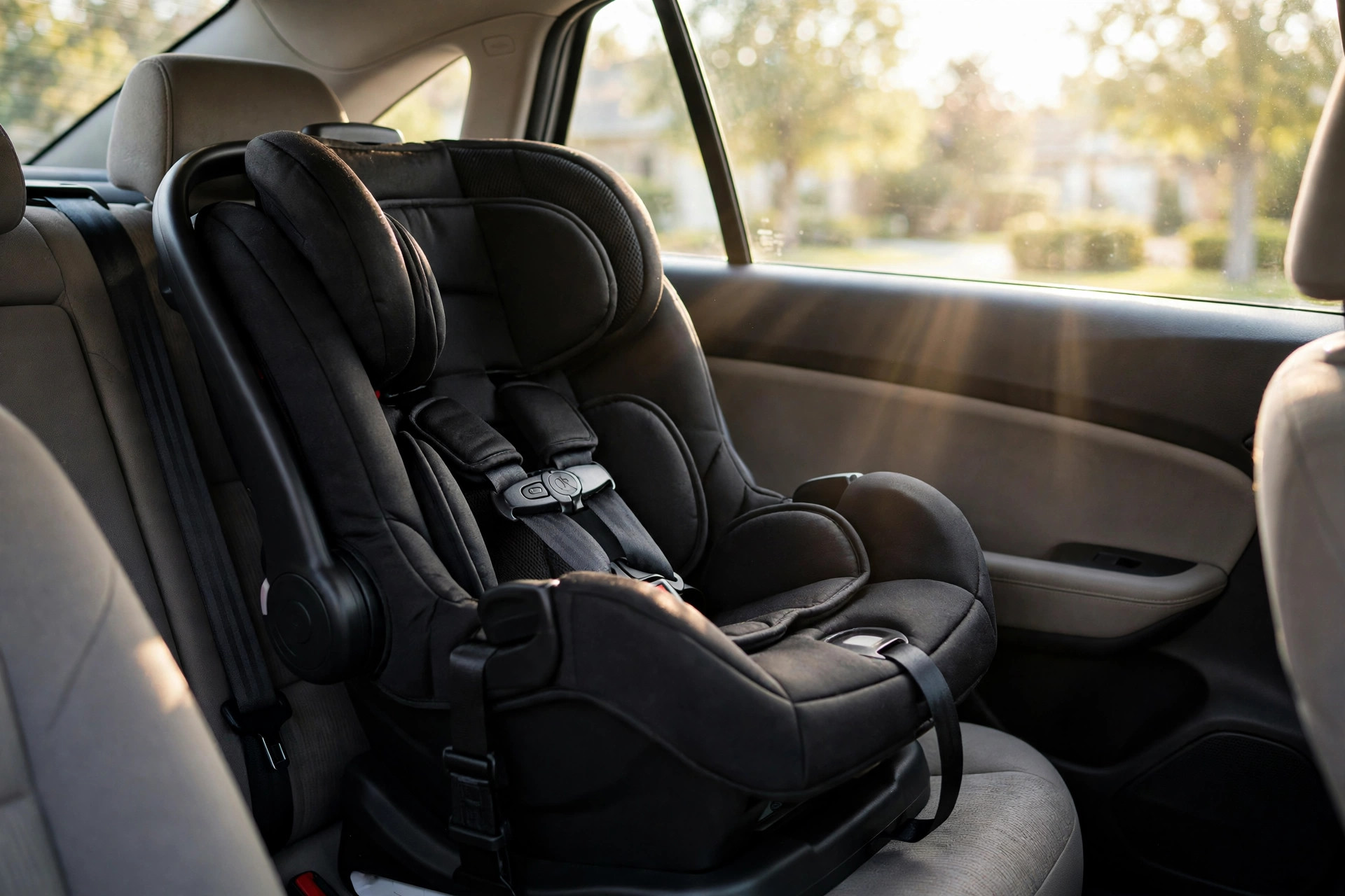 A black convertible car seat installed in the back seat of a car in warm sunlight
