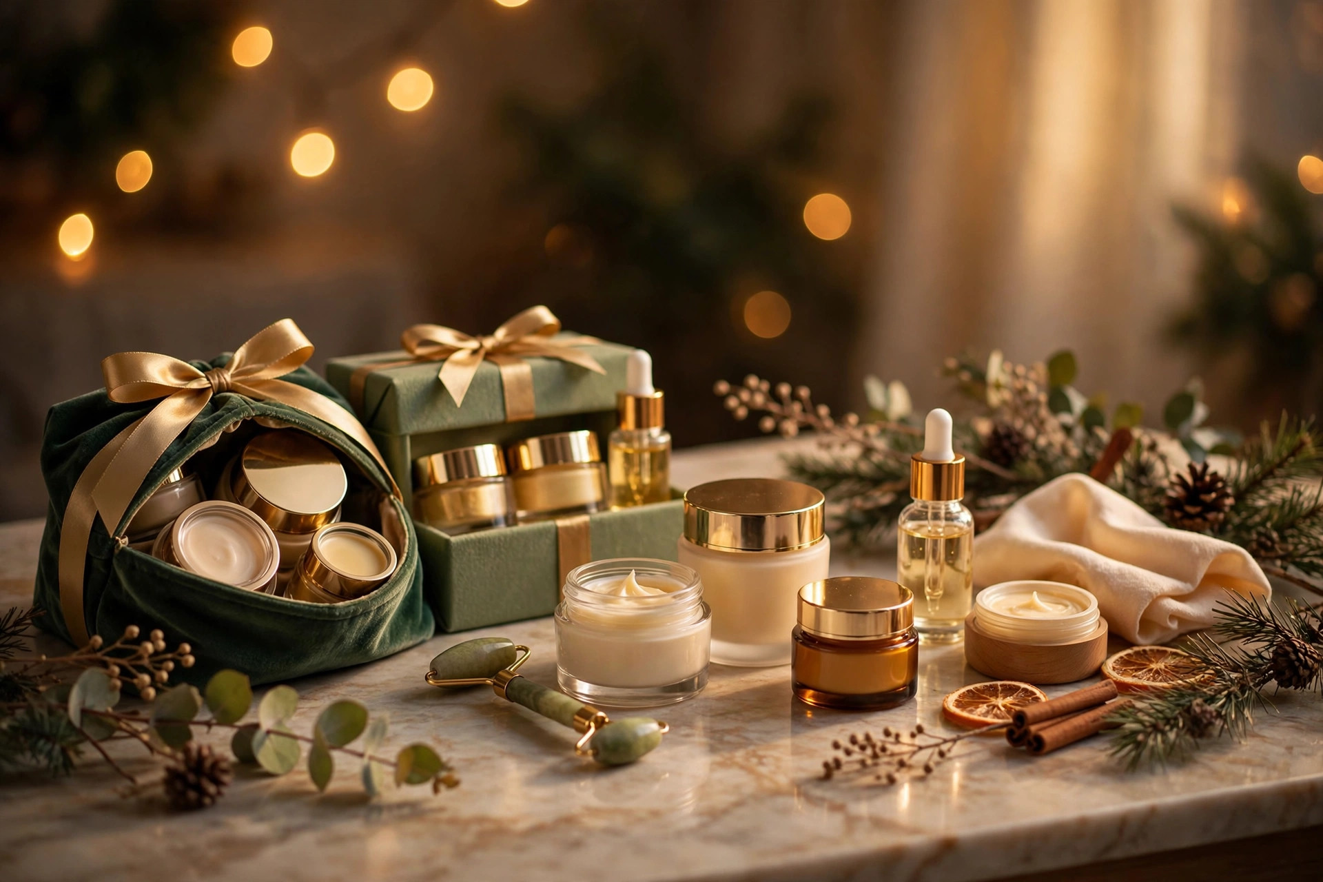 Holiday beauty gift sets and skincare products arranged on a vanity table with warm lights