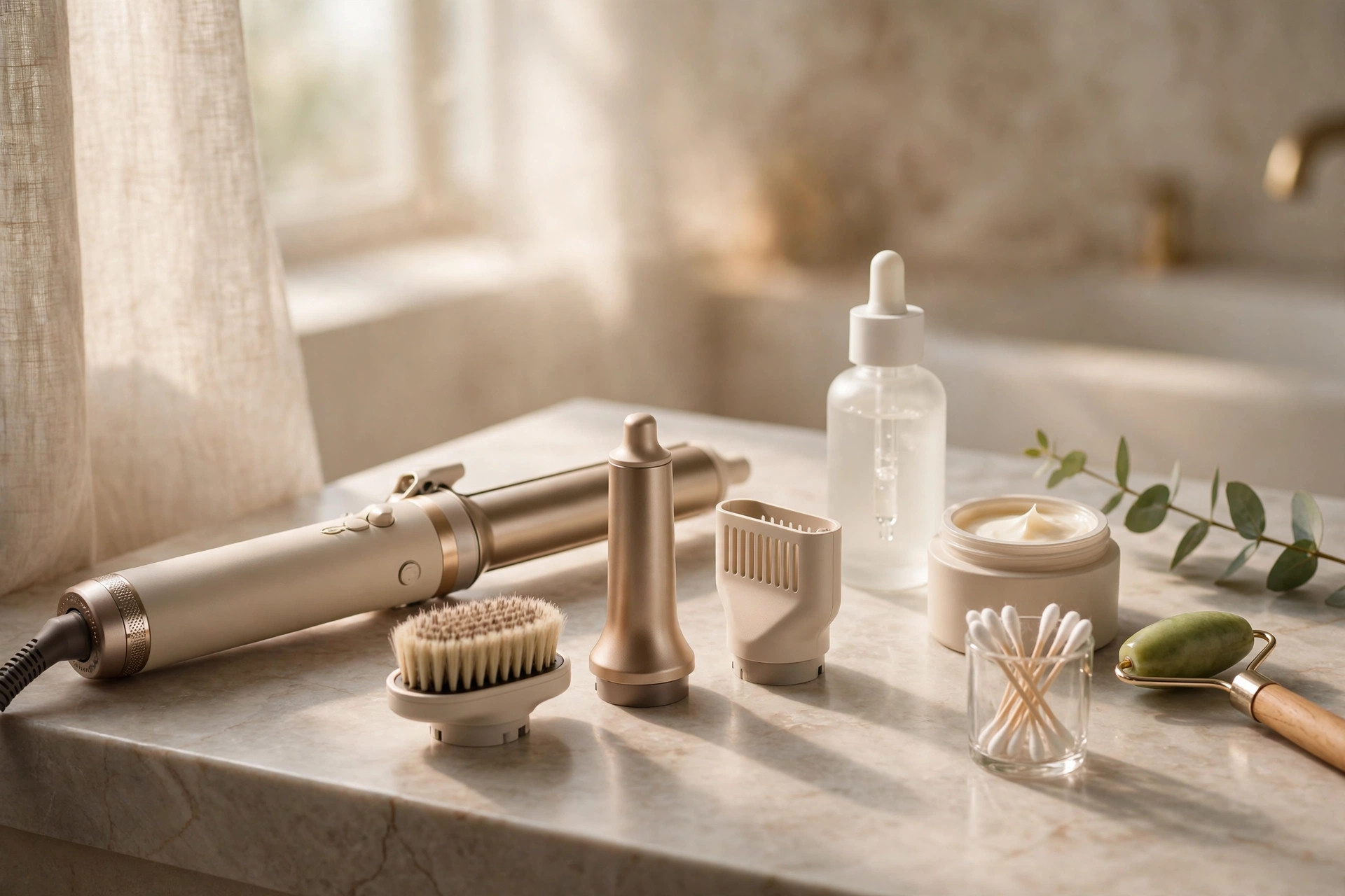A premium hair styling tool with attachments on a bathroom counter