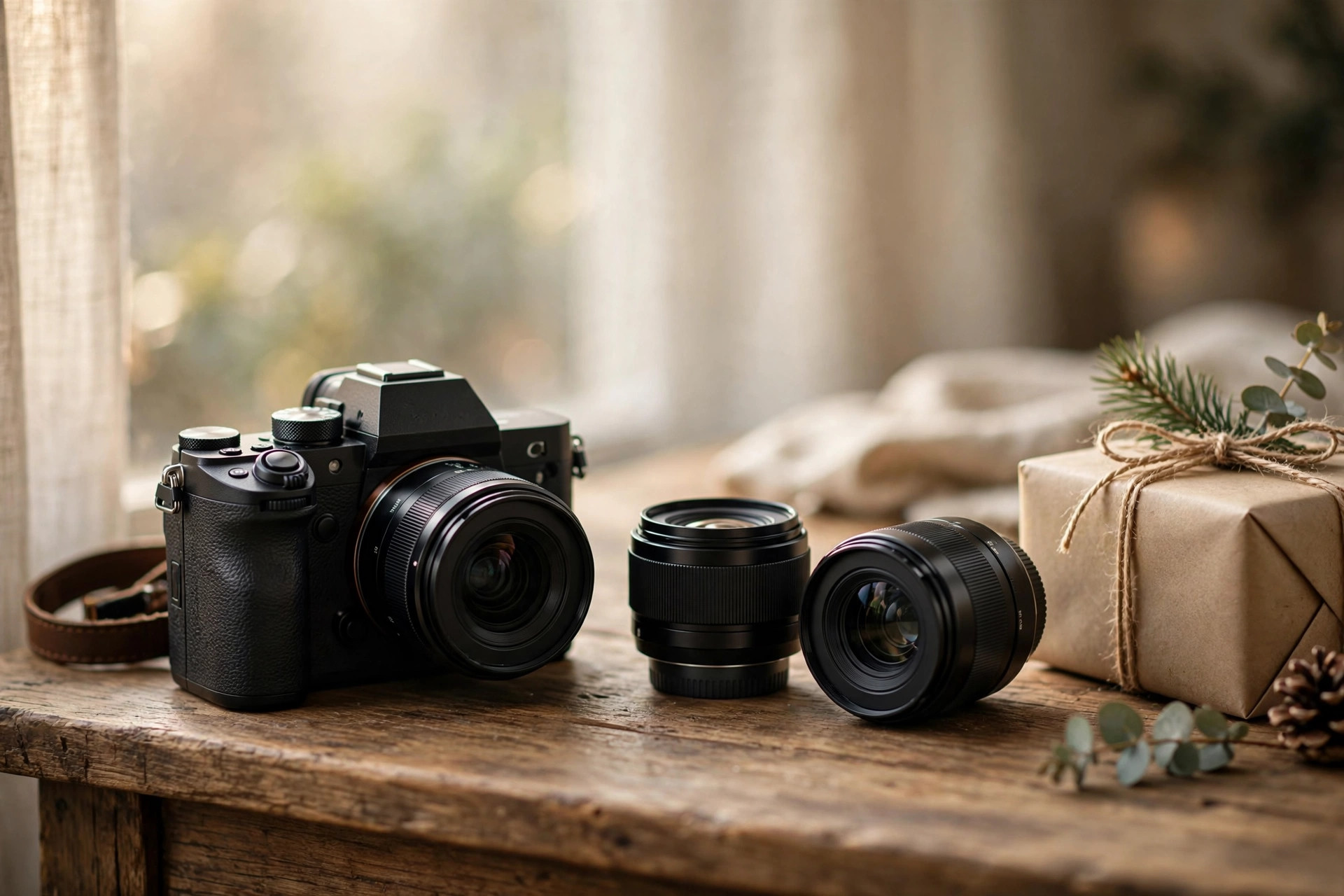 A mirrorless camera and two lenses on a wooden desk beside a wrapped gift box