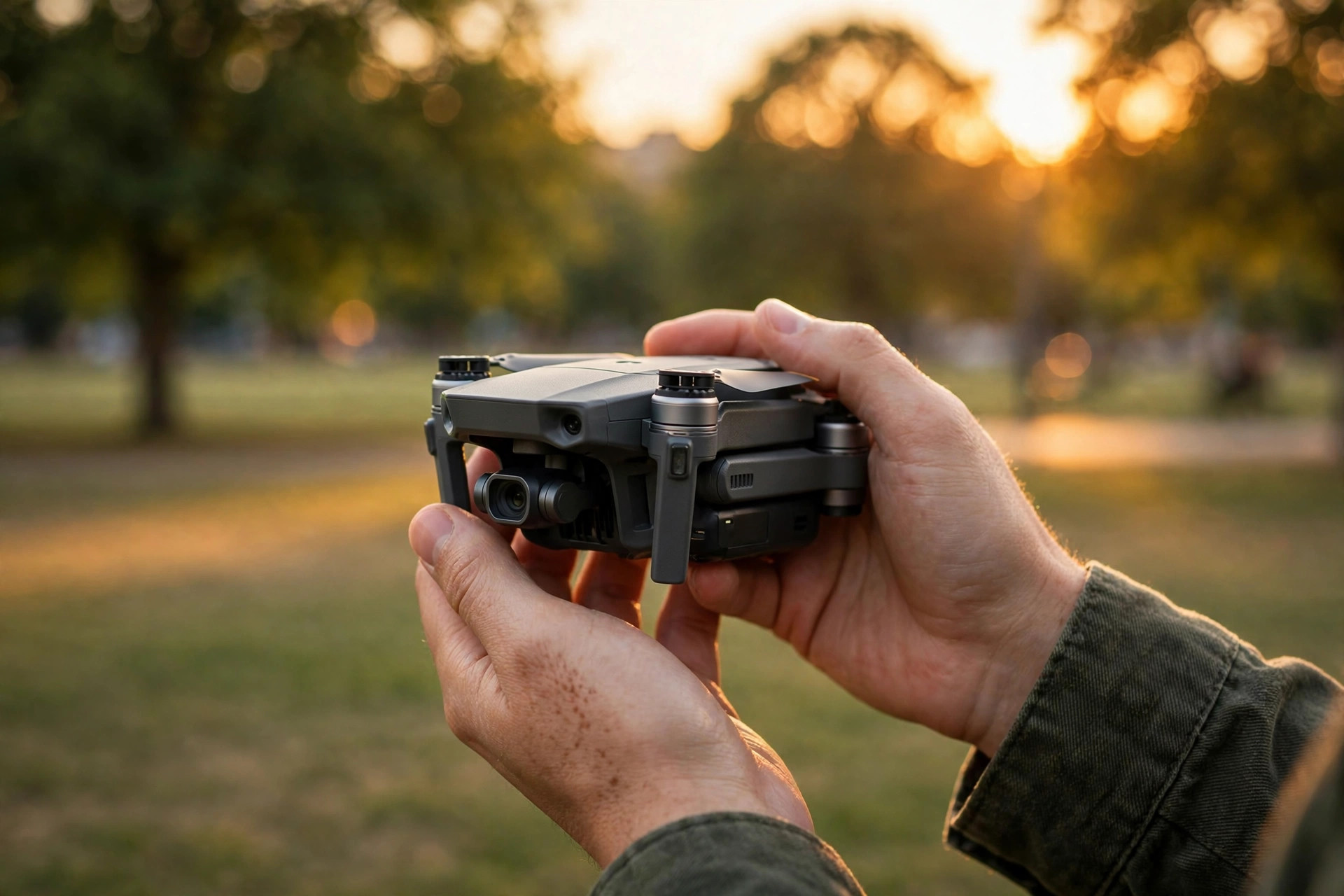 A person holding a folded camera drone at sunset in a park