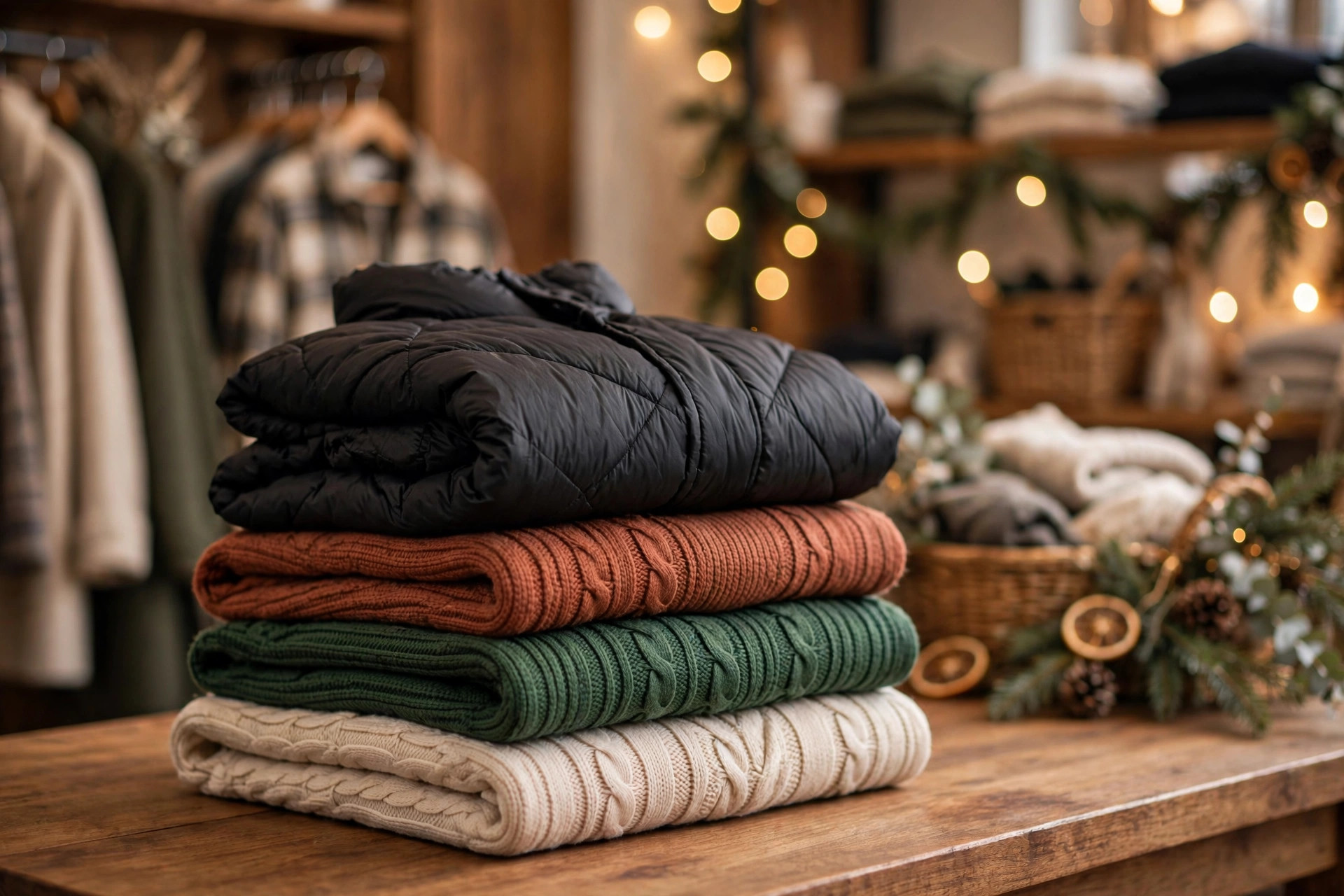 Folded sweaters and a puffer jacket on a store table with warm holiday lighting