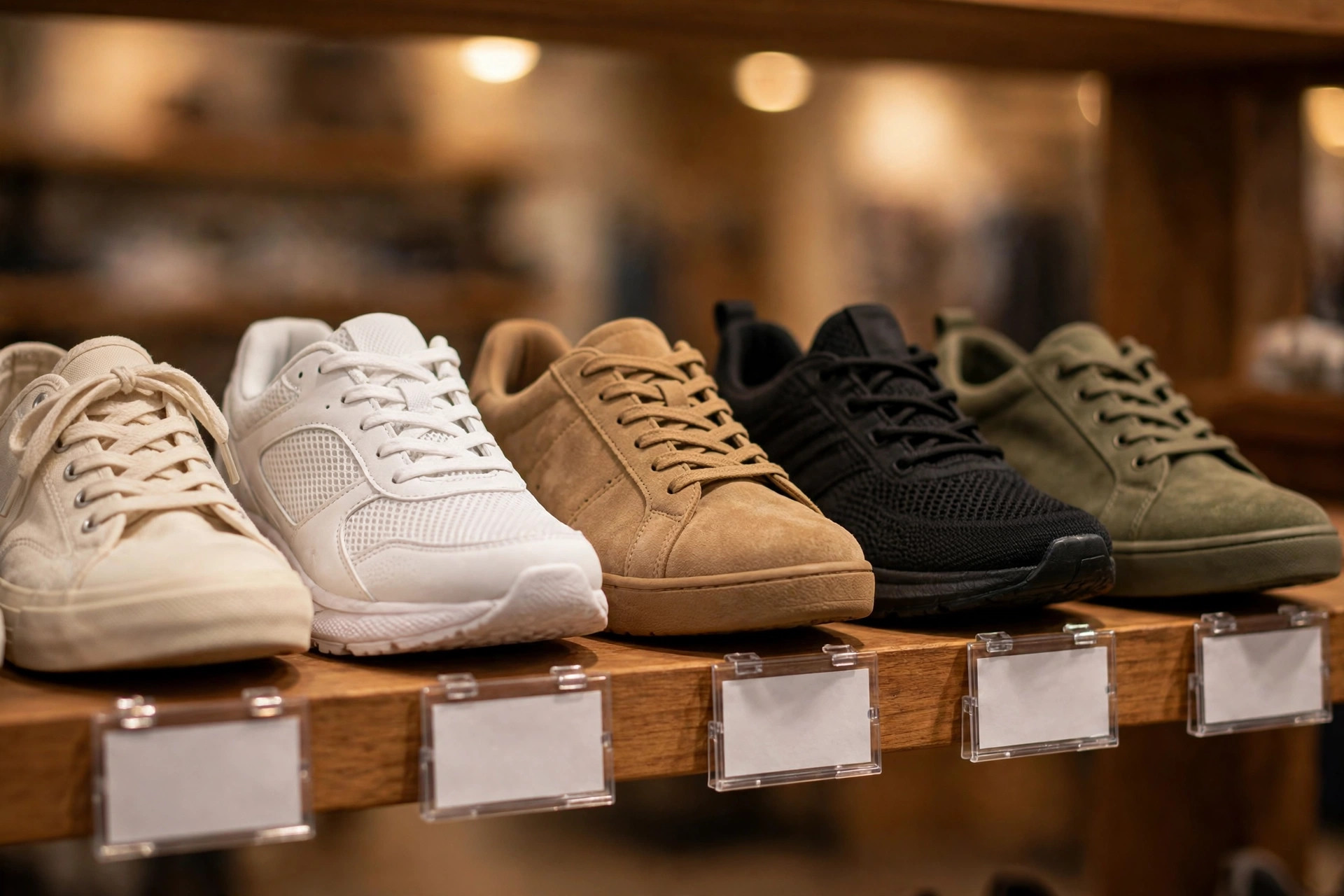 Sneakers lined up on a store shelf with blank price tags