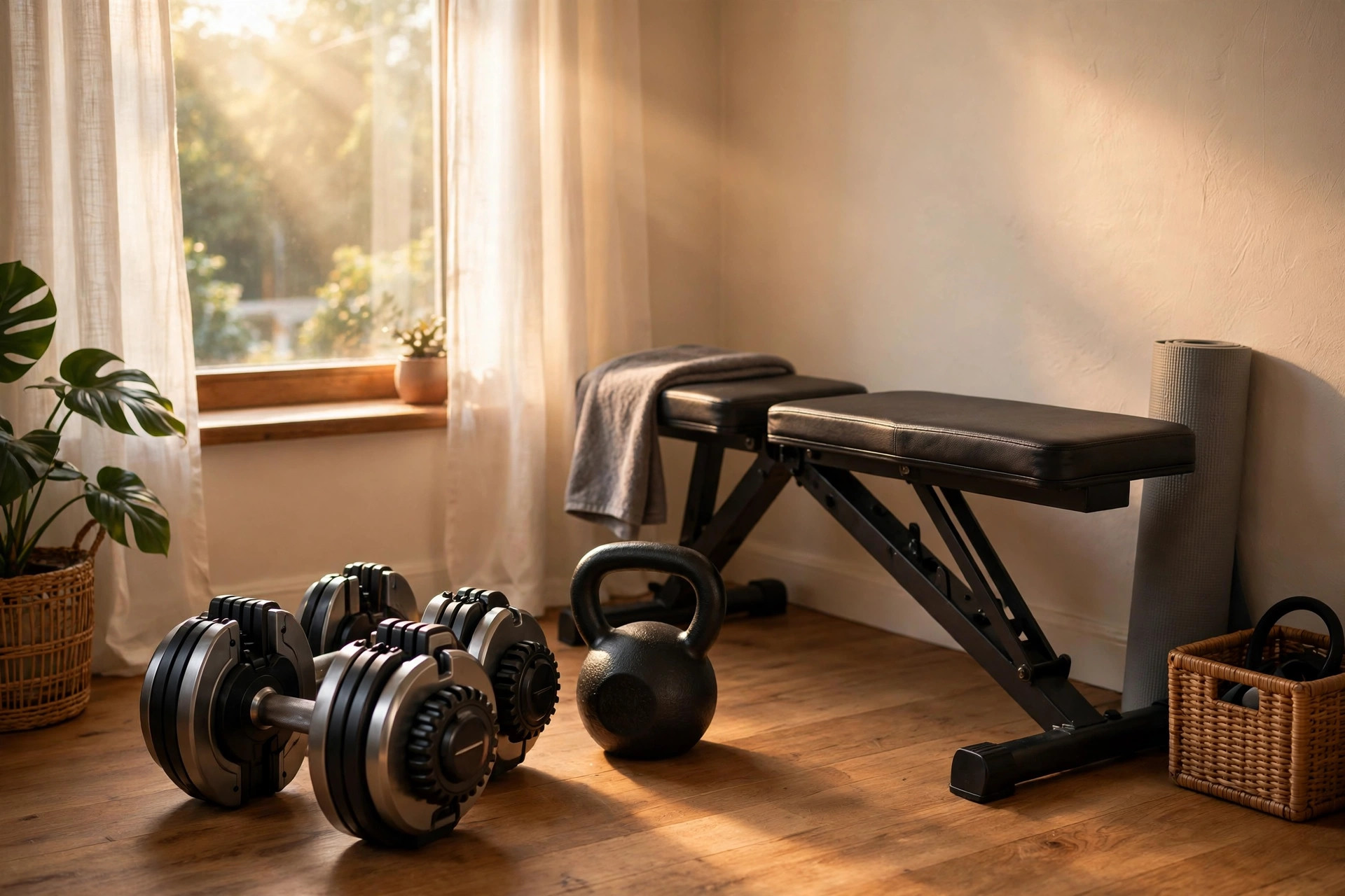 A compact home gym corner with adjustable dumbbells, a weight bench, and a kettlebell in warm morning light
