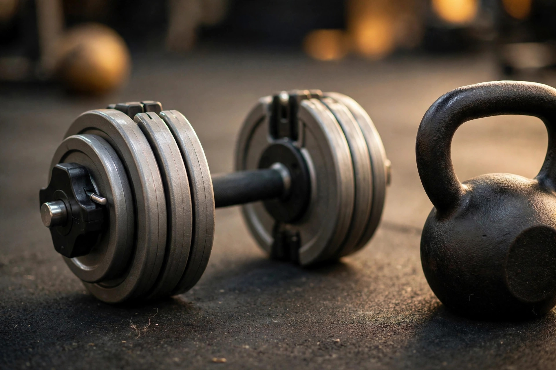 A close-up of an adjustable dumbbell next to a kettlebell on a gym floor