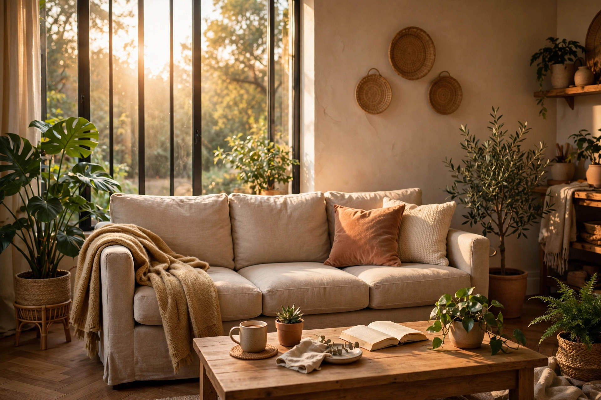 Sunlit living room with a three-seat fabric sofa, wooden coffee table, houseplants and warm afternoon light