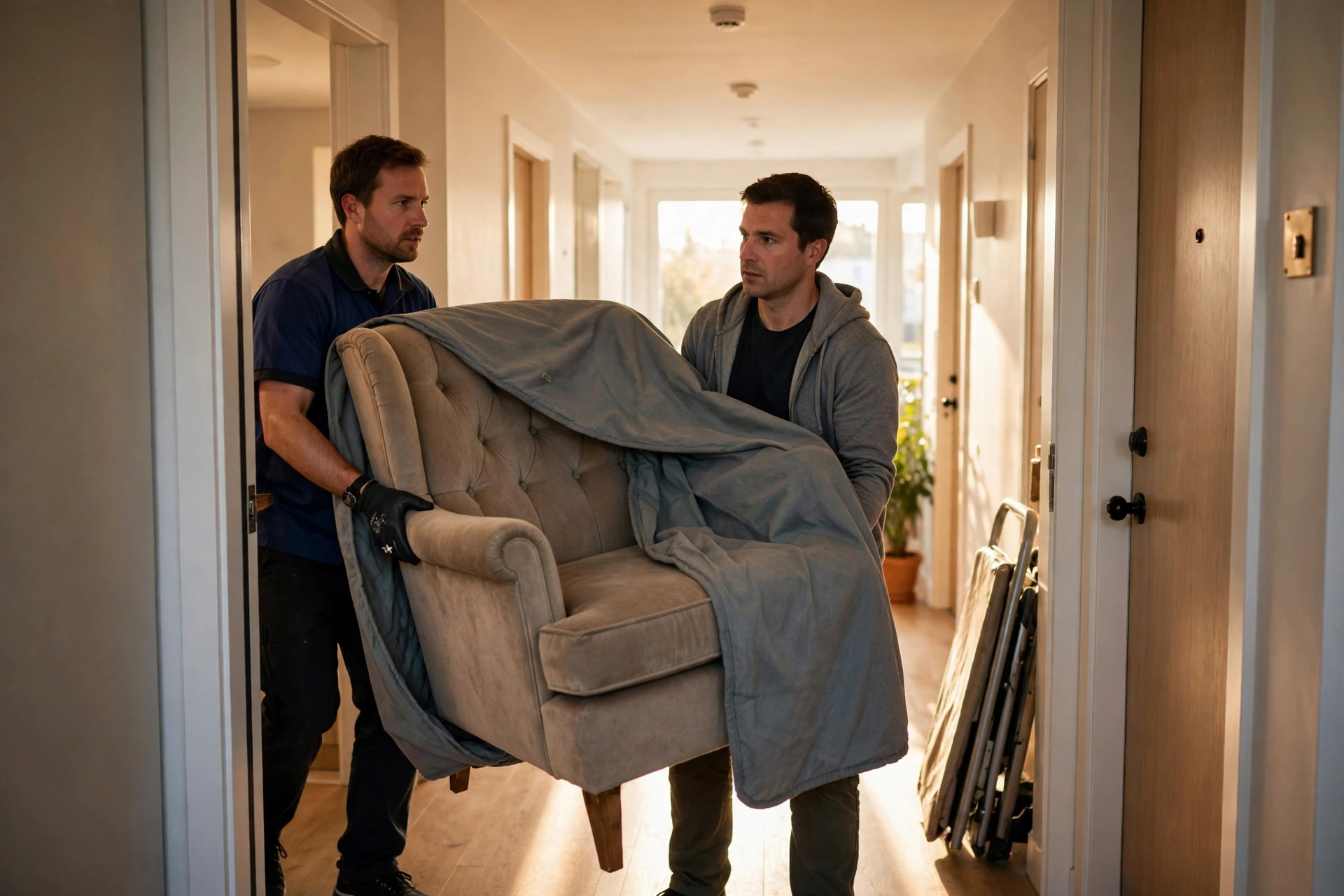 Two movers carrying an upholstered armchair through an apartment doorway, wrapped in a moving blanket
