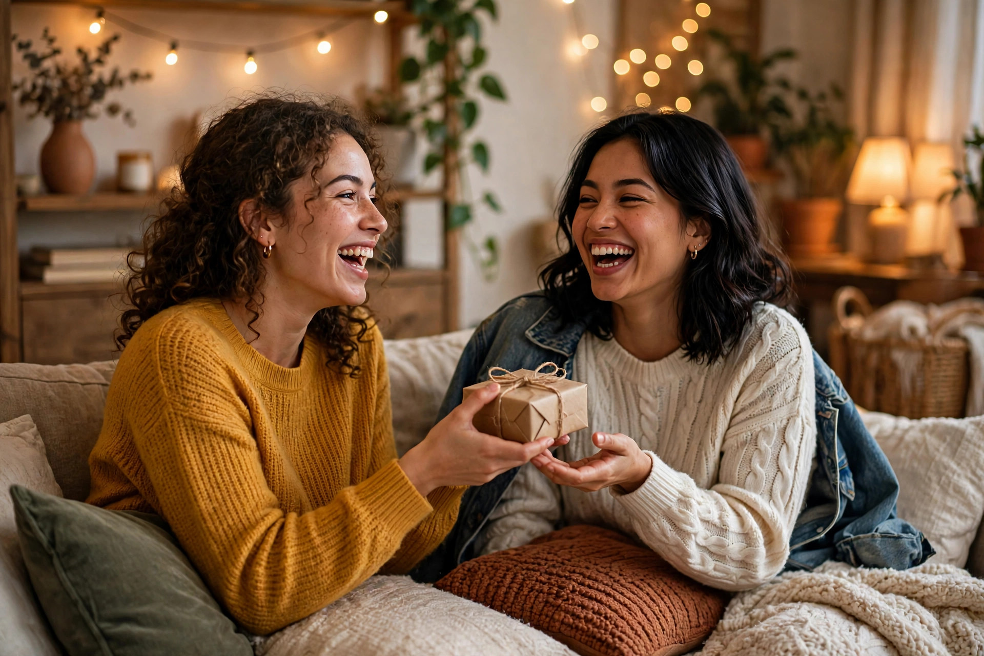 Two friends laughing on a couch as one hands the other a small wrapped gift