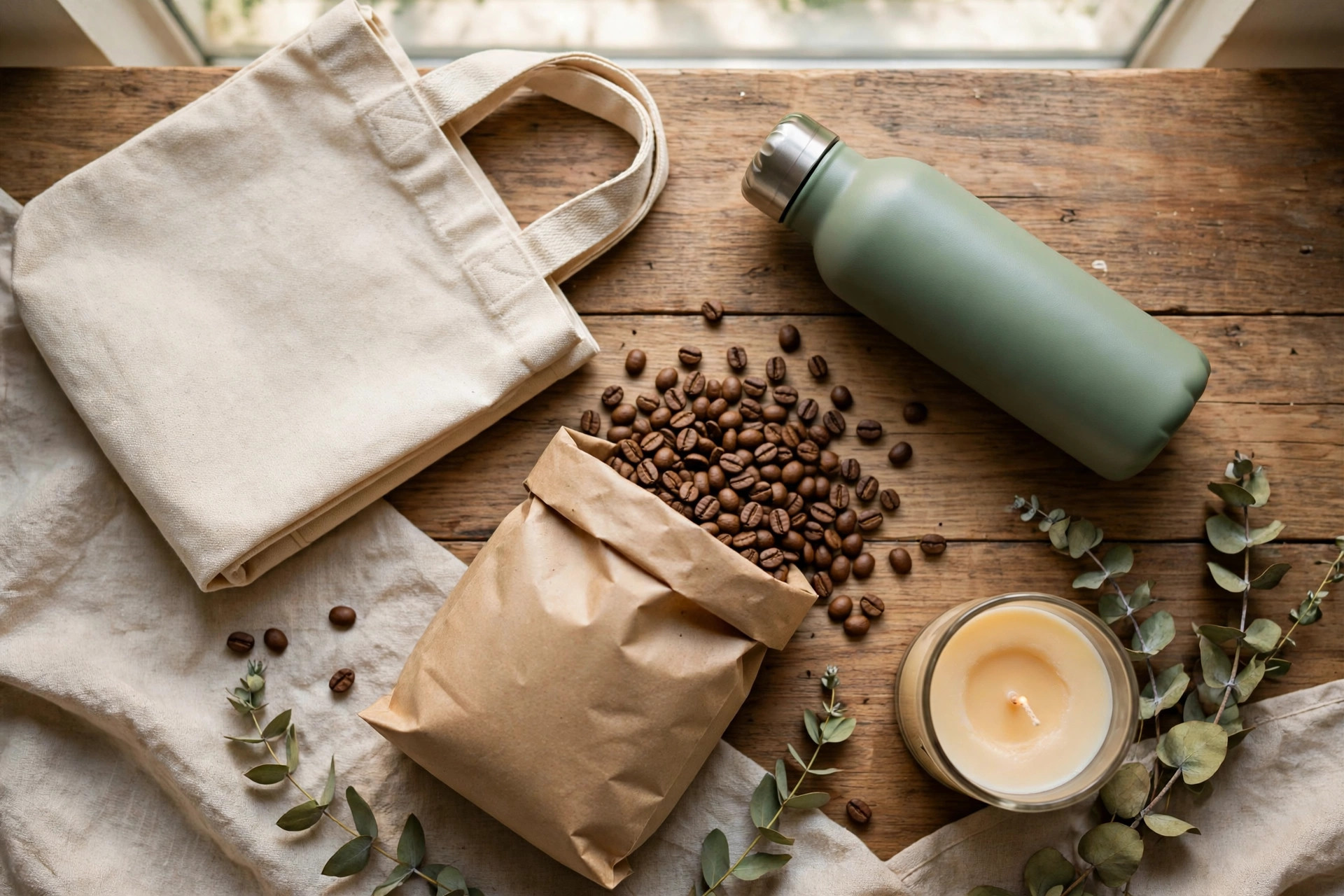Quality everyday gifts on a wooden table: tote bag, water bottle, coffee beans, candle