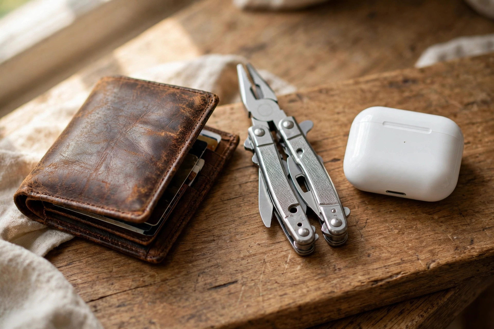 A leather wallet, pocket multitool, and wireless earbuds arranged on a wooden desk