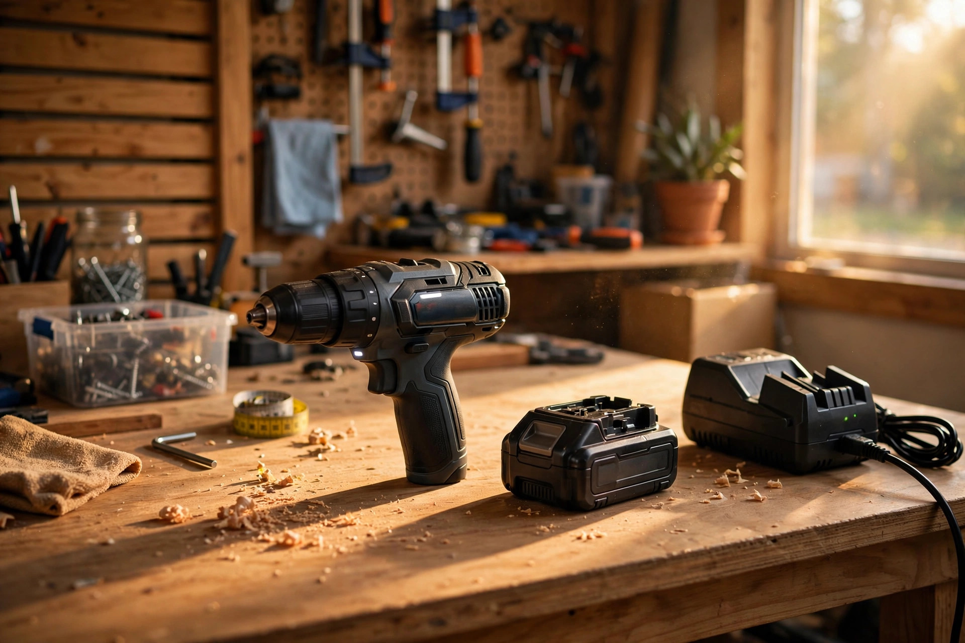 A cordless power drill with its battery and charger on a workbench