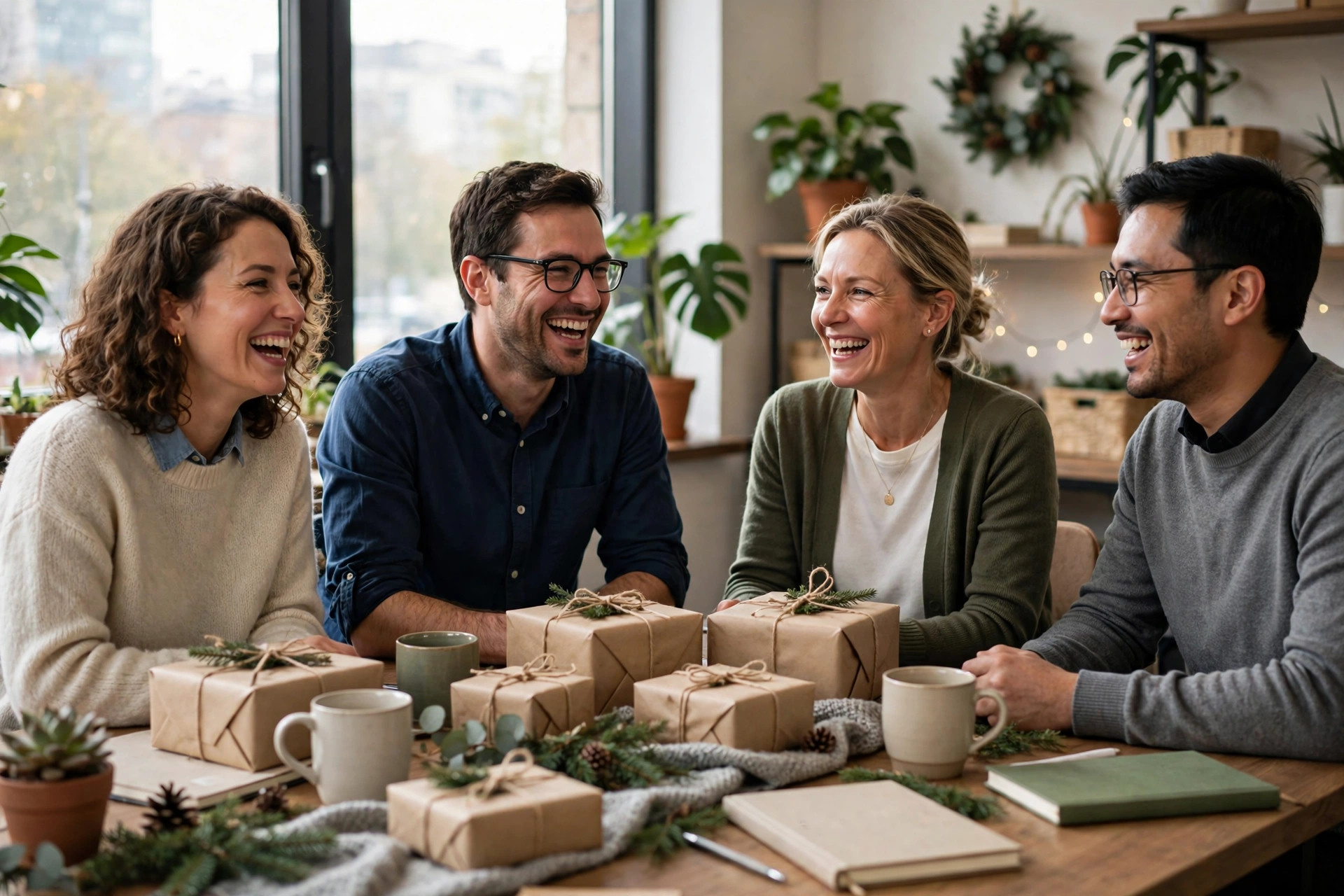 Coworkers laughing around a table with wrapped gifts at an office gift exchange