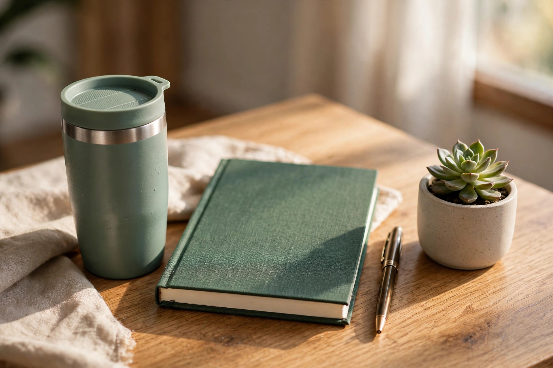 Quality work gifts on a desk: an insulated tumbler, notebook, pen, and a succulent