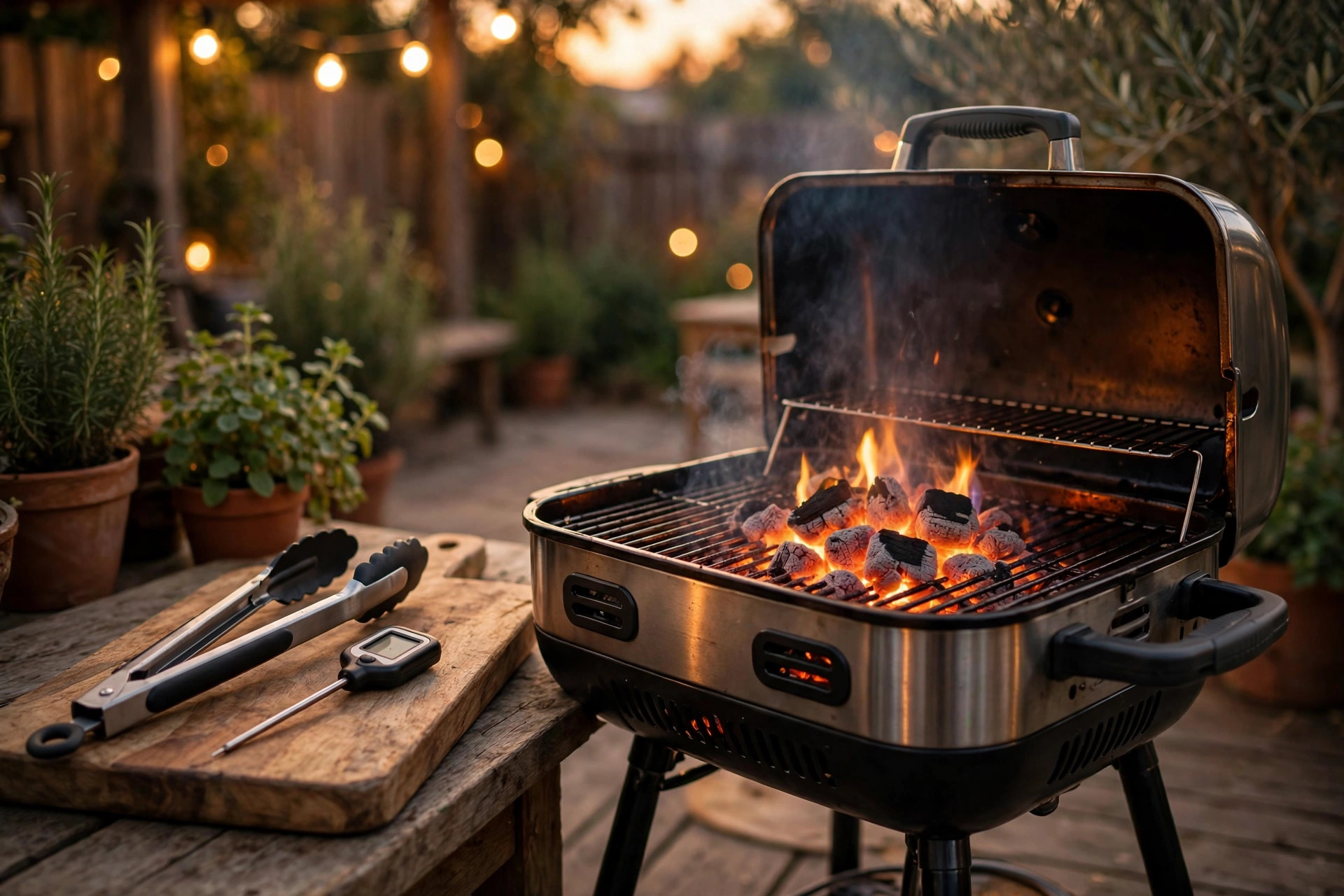 Backyard charcoal grill with tongs and a digital thermometer on a cutting board