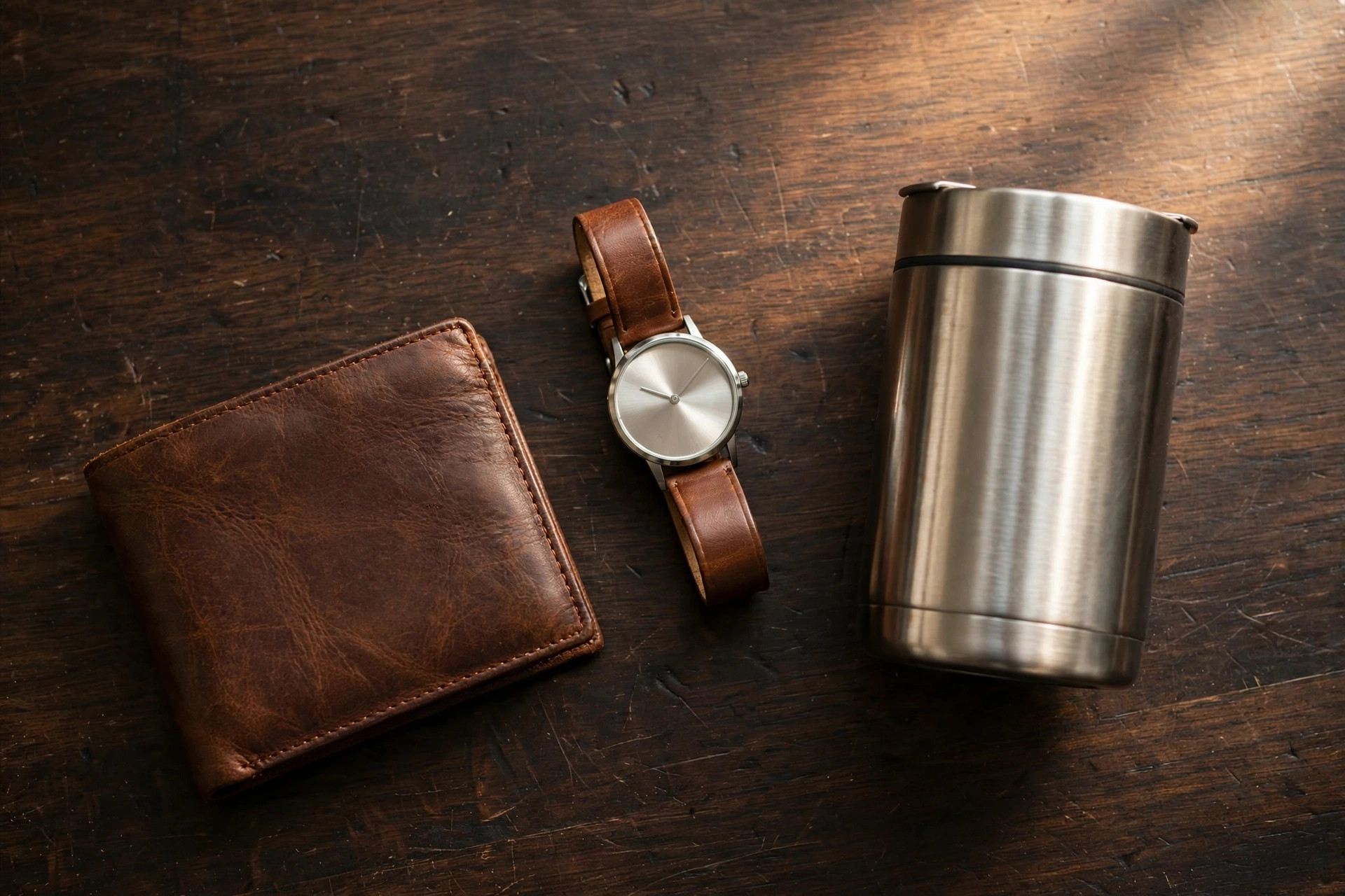 Leather wallet, wristwatch, and insulated coffee mug on a dark wooden desk
