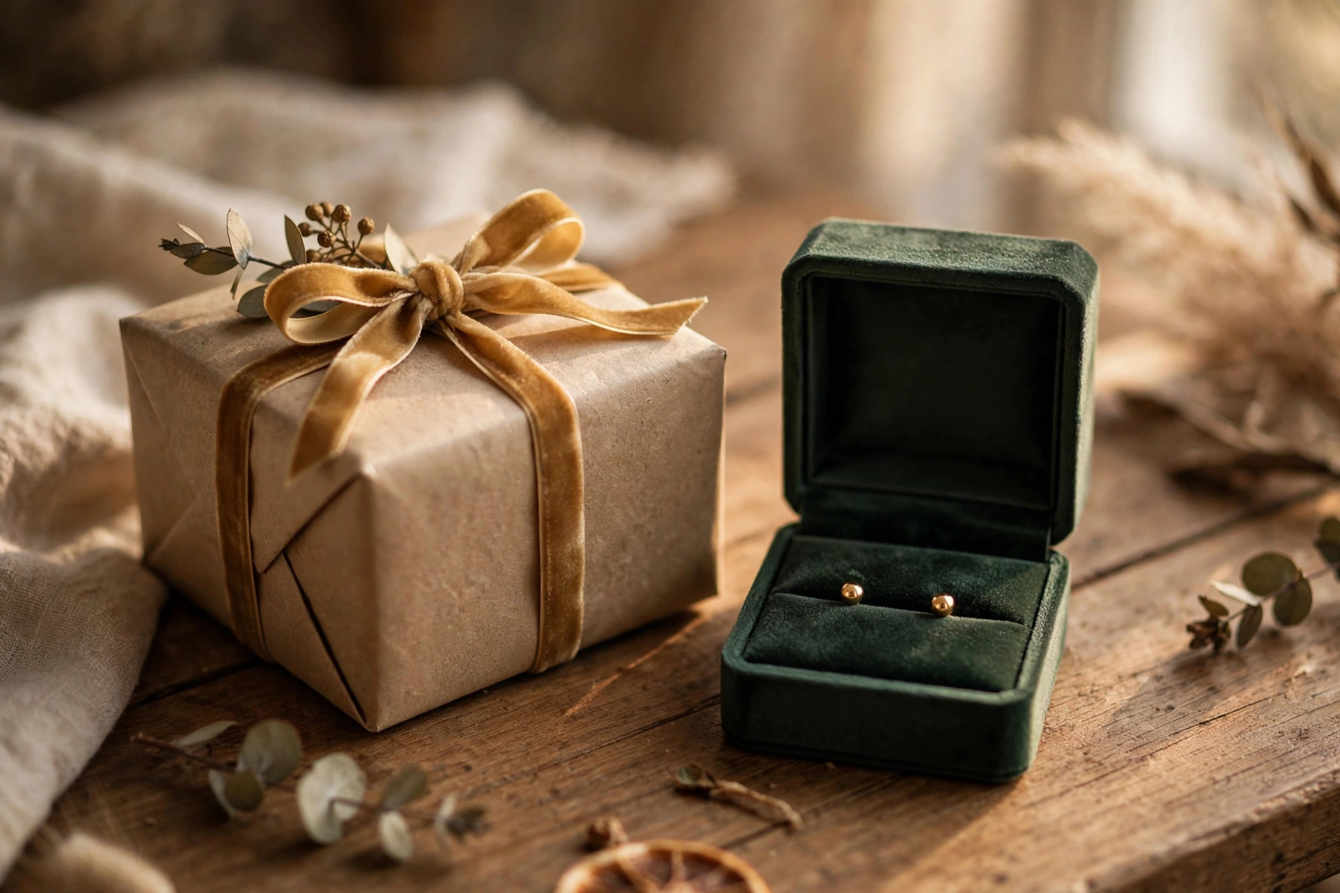 Wrapped gift box with a ribbon beside an open jewelry box with gold stud earrings