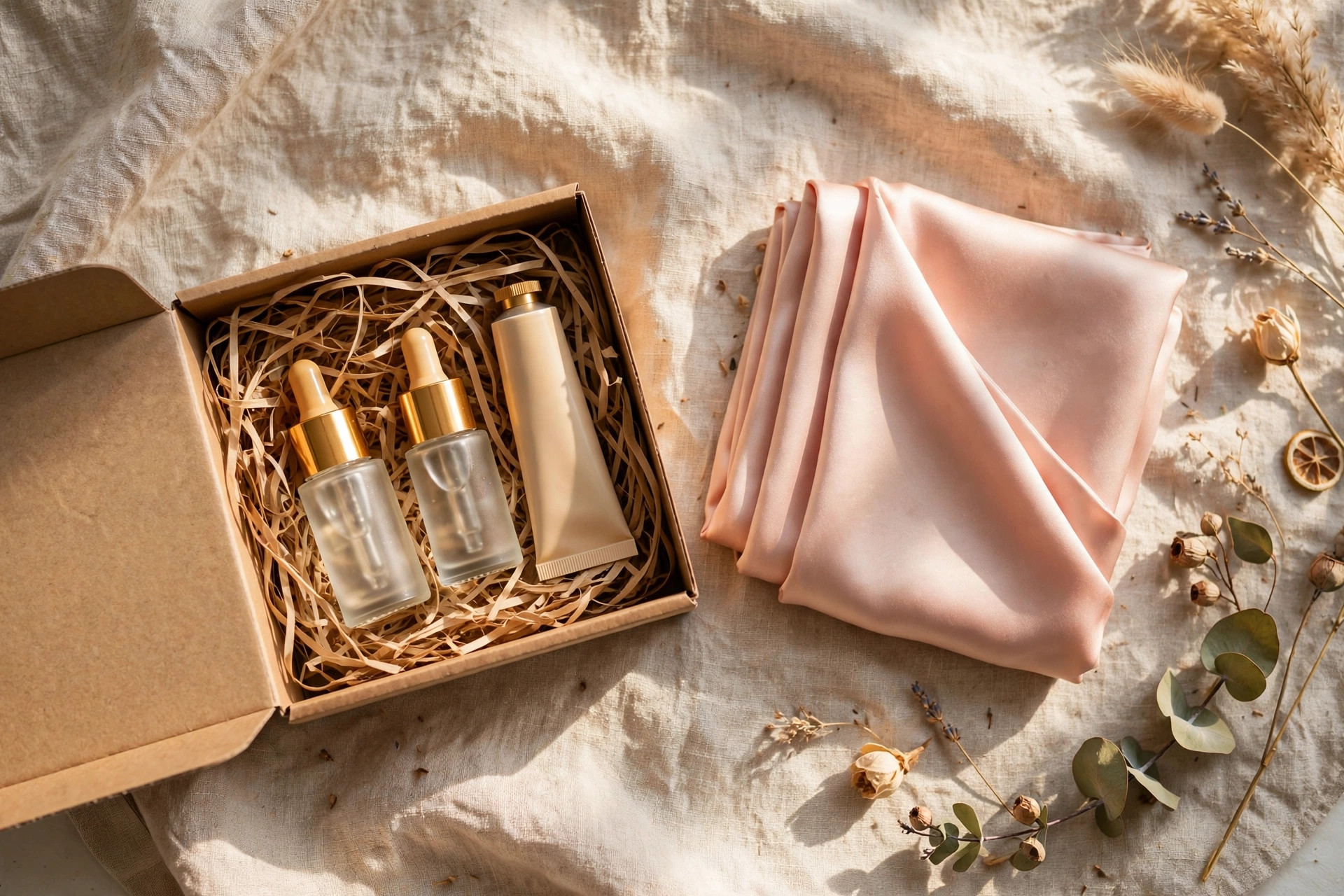 Skincare gift set in a gift box with a folded silk pillowcase beside it