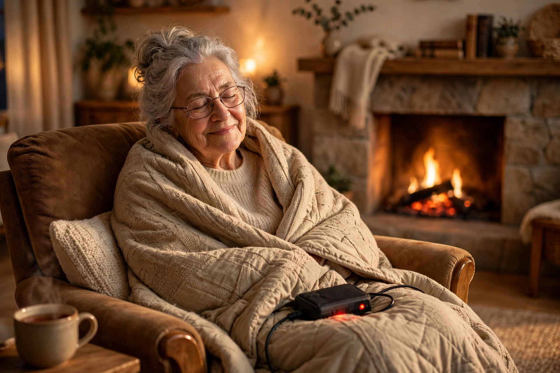 A grandparent wrapped in a cozy heated throw in a warm living room