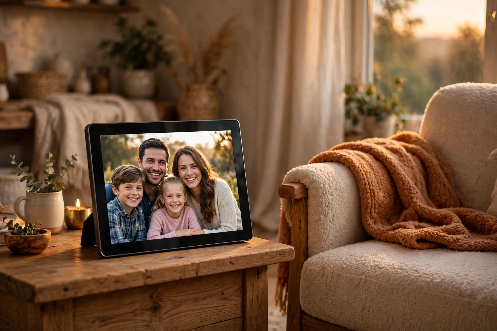 A digital photo frame on a side table showing a family photo
