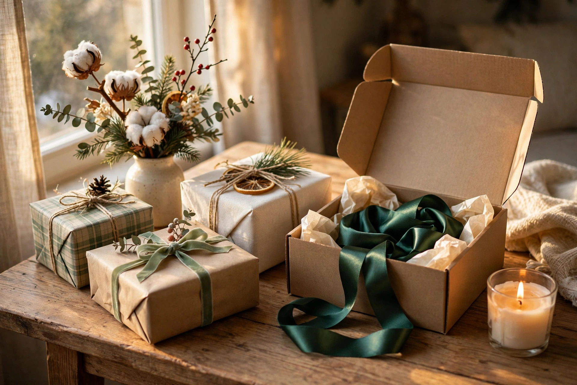 Beautifully wrapped holiday gifts and an open ribbon-tied gift box on a cozy table