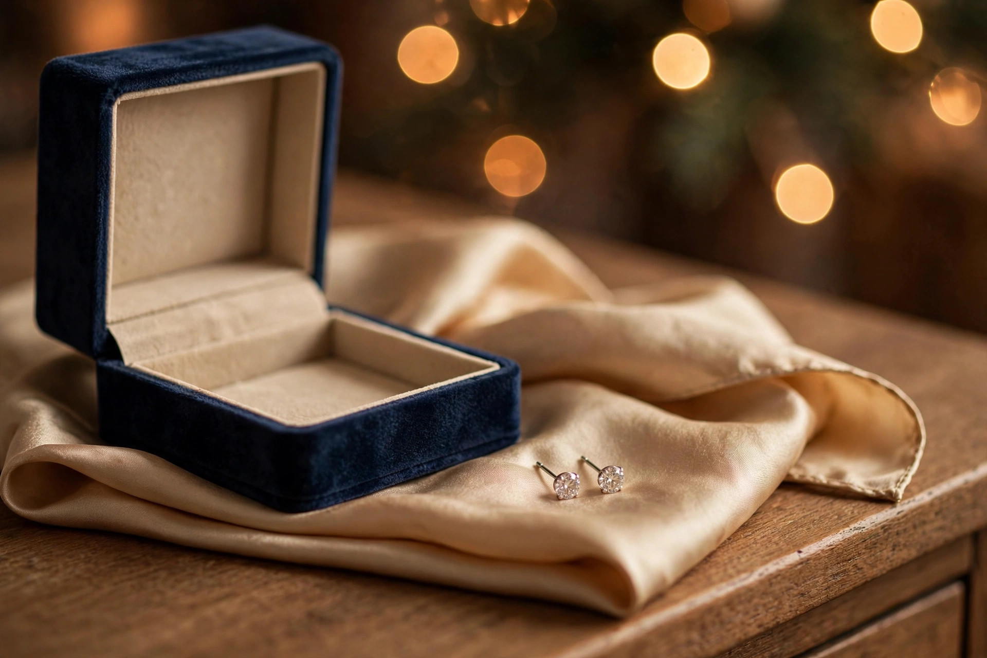 An open jewelry gift box with stud earrings resting on a folded silk scarf