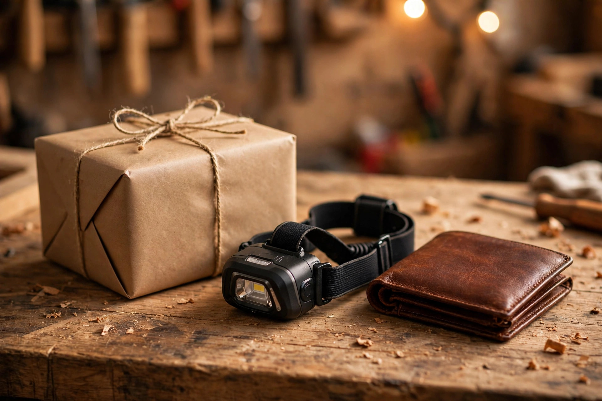 A wrapped holiday gift beside a headlamp and leather wallet on a wooden workbench