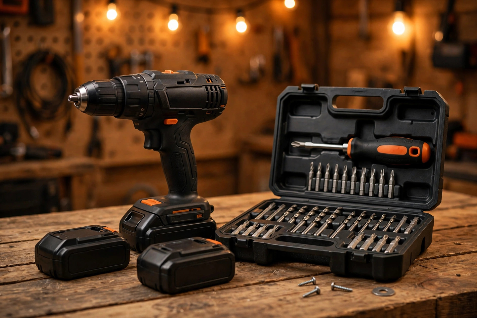 A cordless drill with batteries and a ratcheting screwdriver set on a workbench