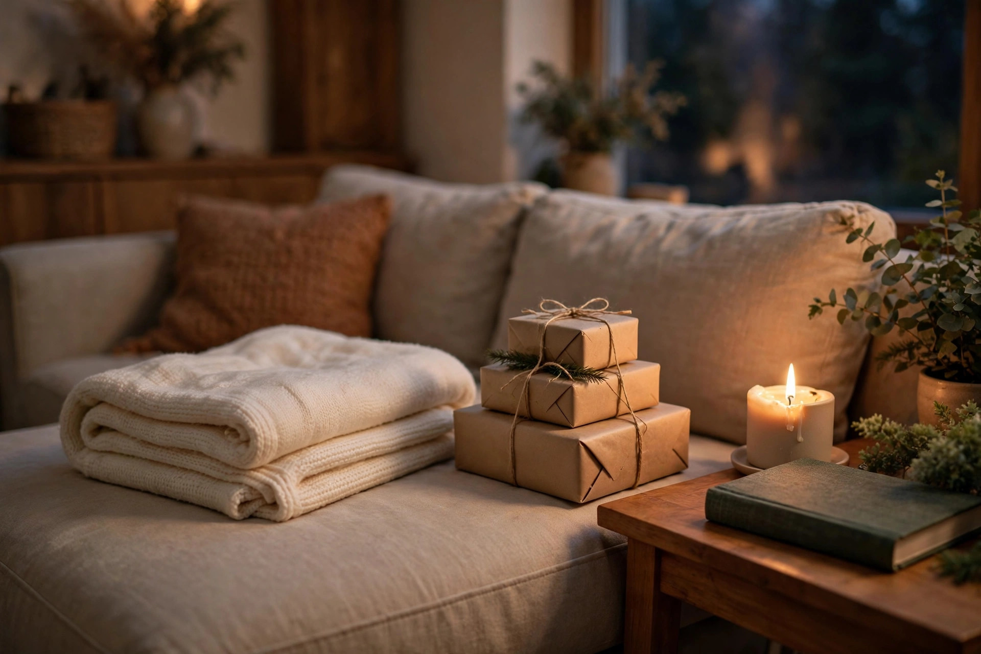 Folded throw blanket and wrapped gifts on a cozy sofa with a lit candle
