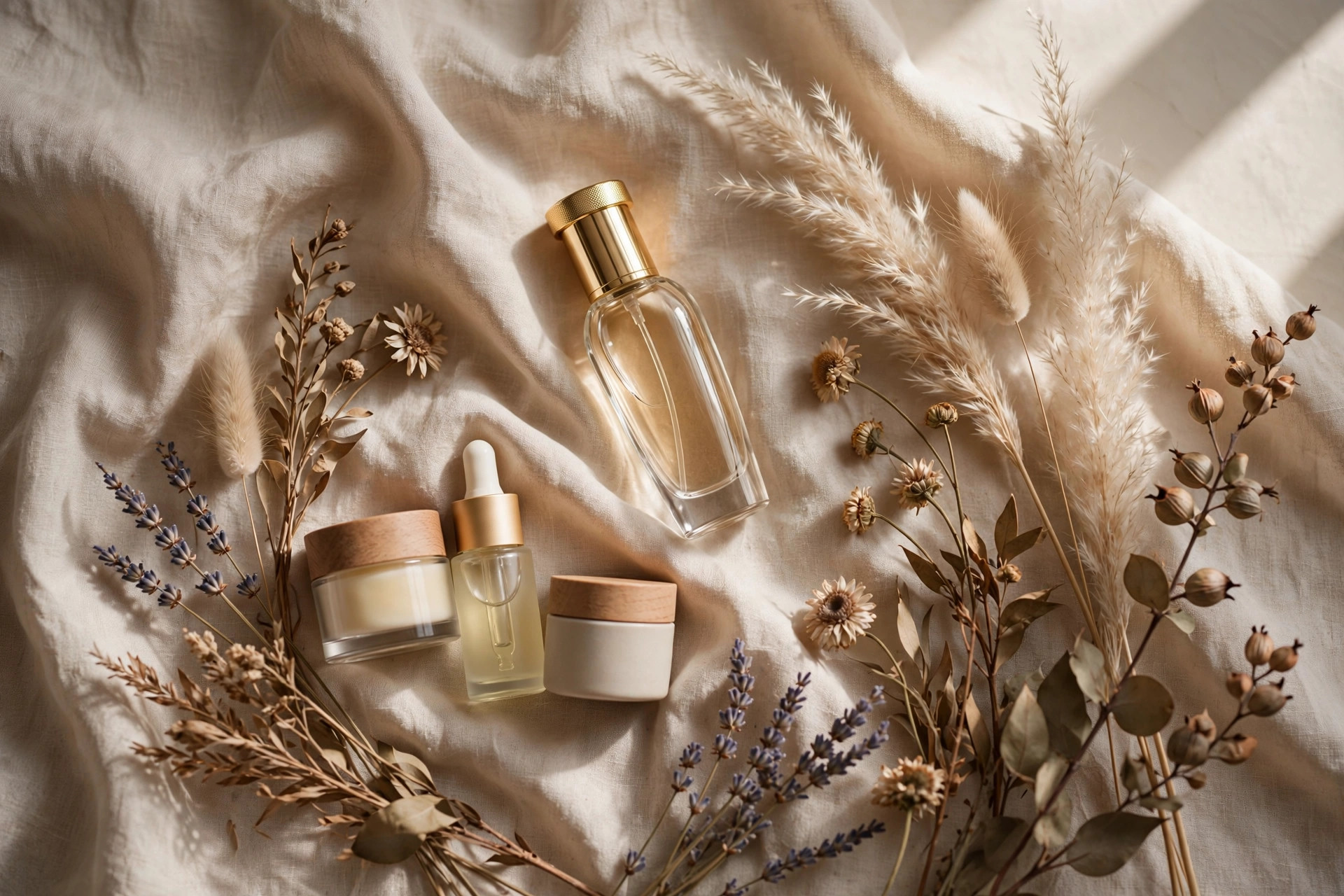 Perfume bottle with gold cap and skincare gift set arranged on linen