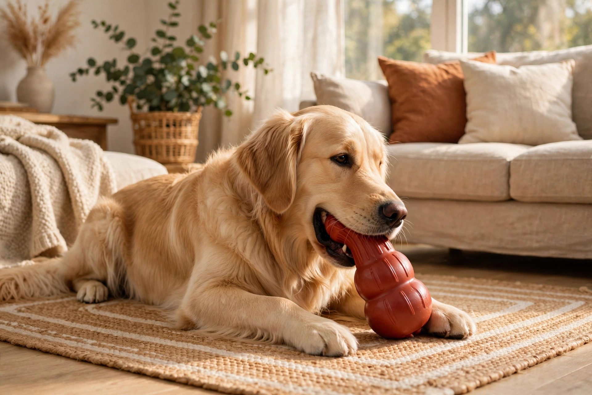 A golden retriever chewing a sturdy rubber chew toy on a living-room rug