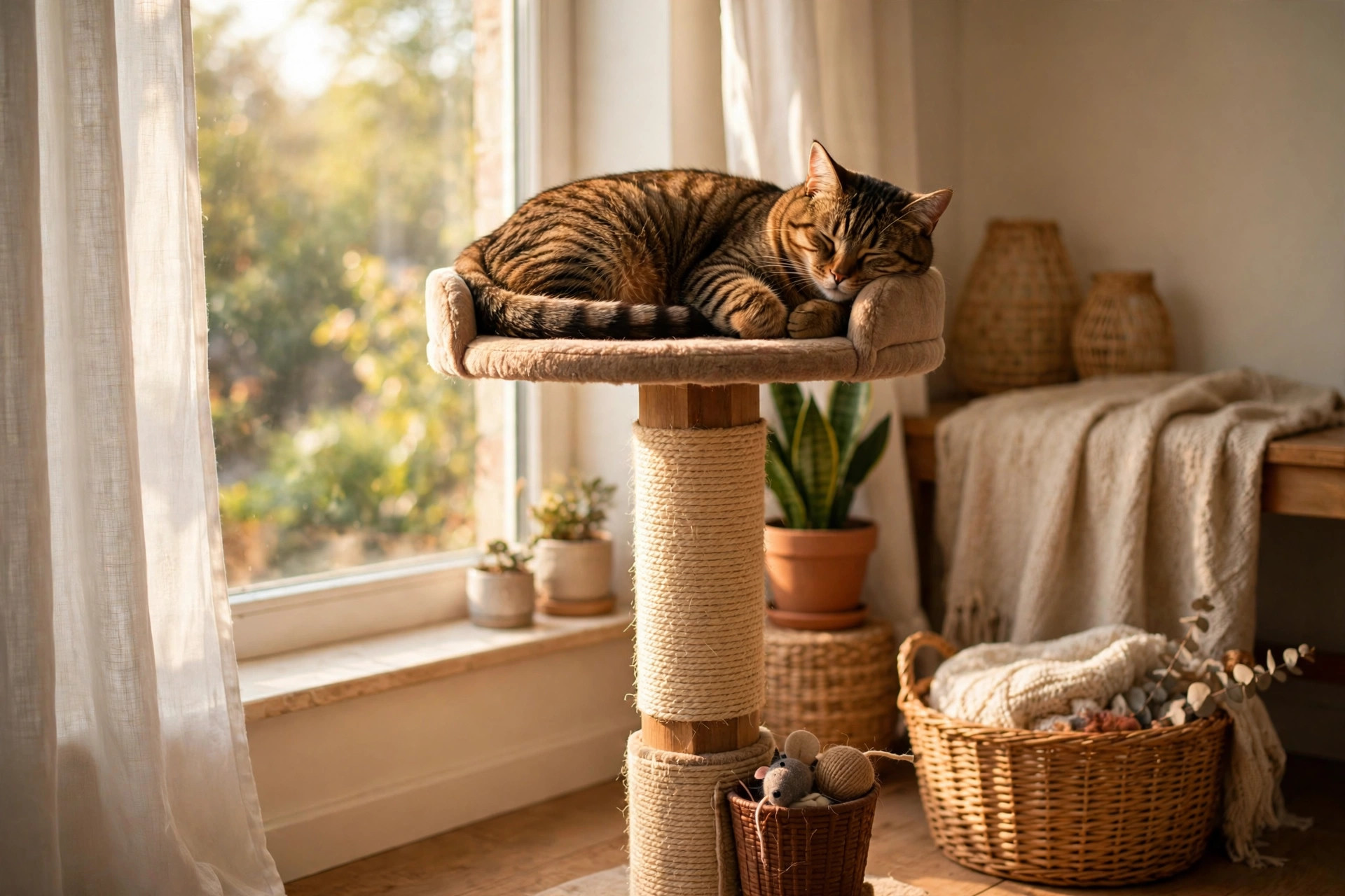 A tabby cat lounging on a tall sisal scratching post beside a sunny window