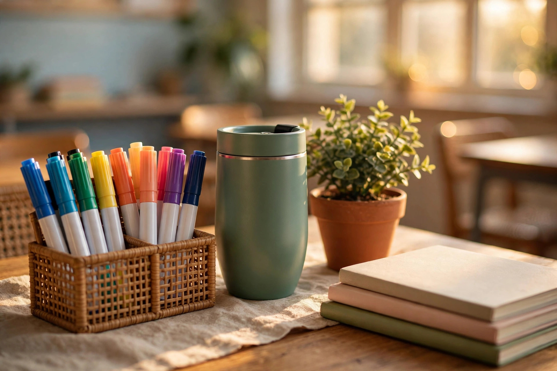A wicker caddy of colorful dry-erase markers, an insulated tumbler, and notebooks on a sunlit teacher’s desk