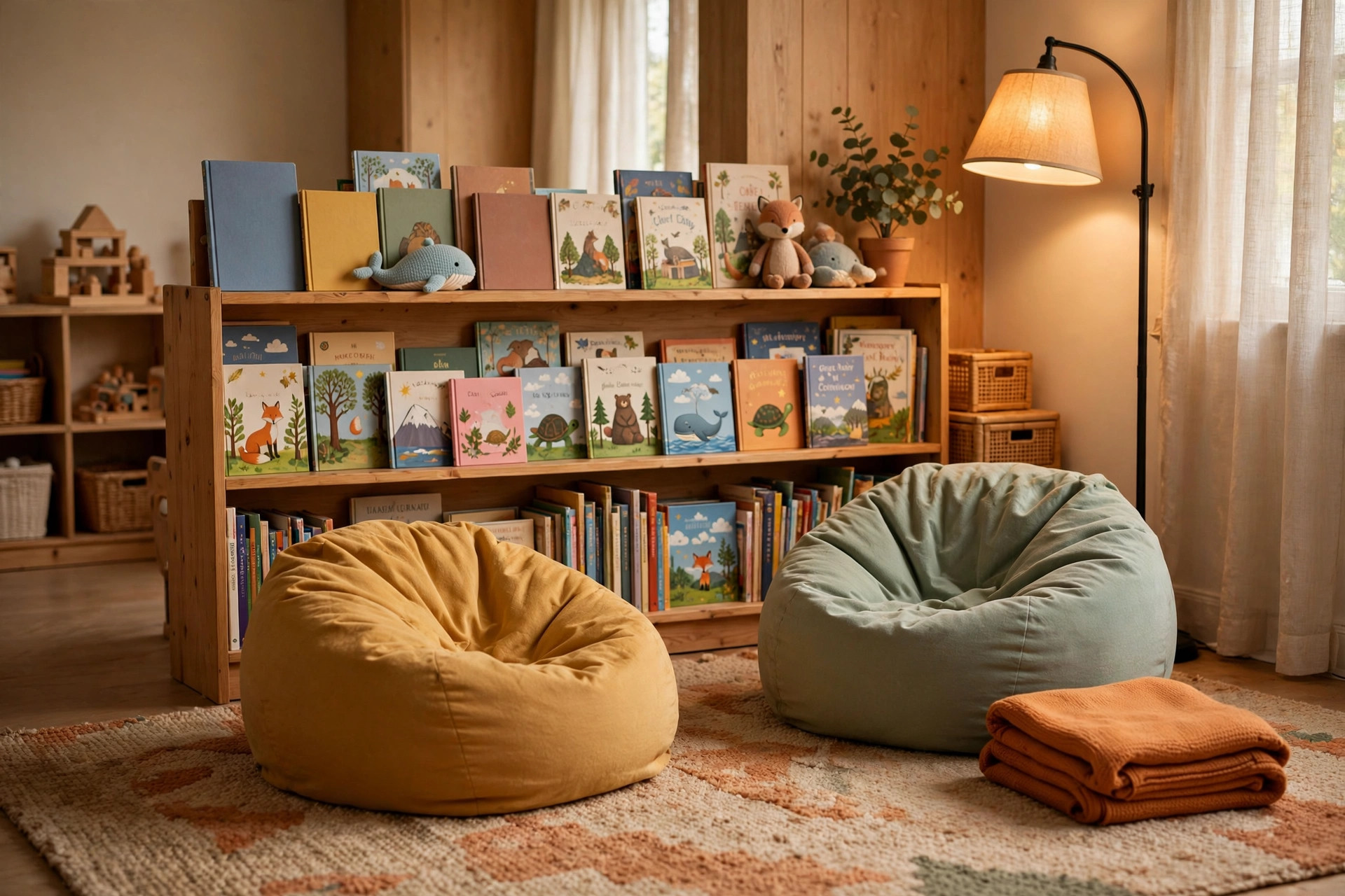 A cozy classroom reading corner with a rug, beanbag chairs, and shelves of children’s books