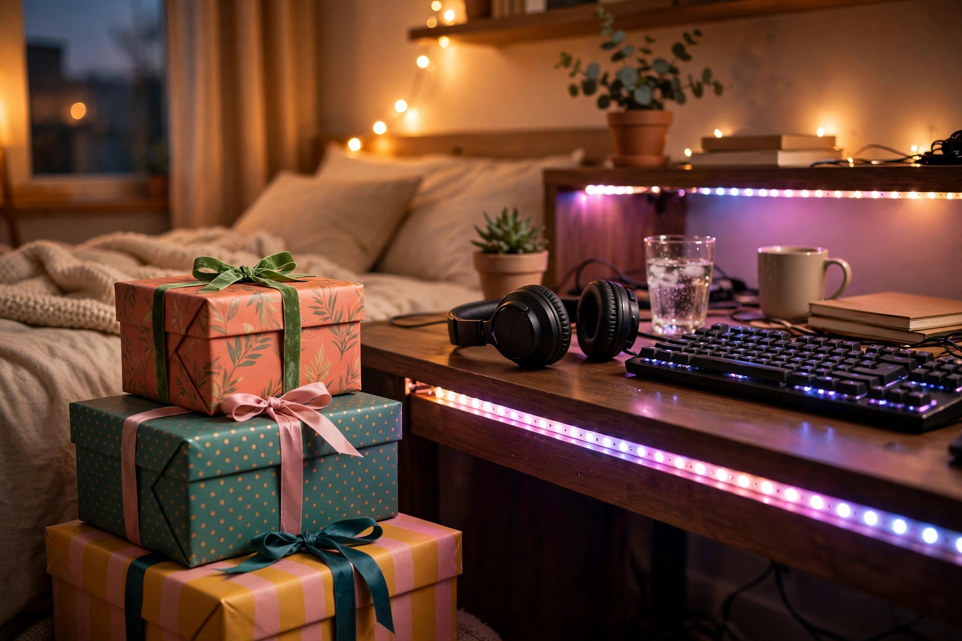 Wrapped gift boxes beside a teen desk setup with LED strip lights, headphones and a keyboard