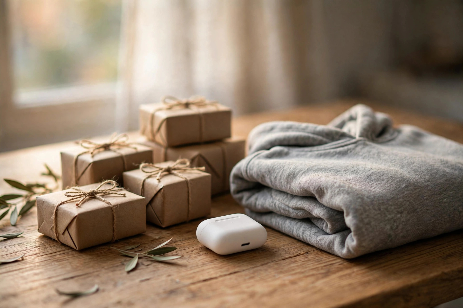 Small wrapped gift boxes, a wireless earbuds case and a folded grey hoodie on a wooden desk