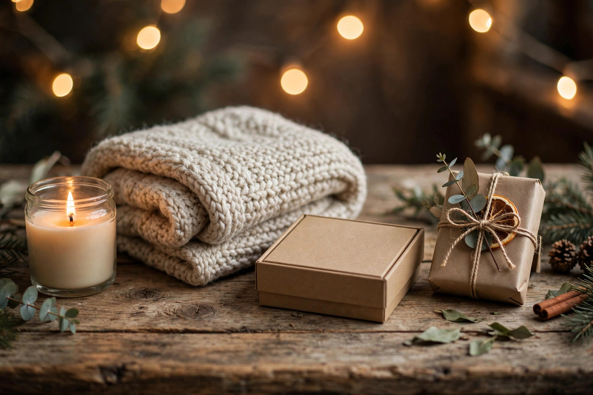 Small wrapped holiday gifts, a knit scarf, and a lit candle arranged on a wooden table