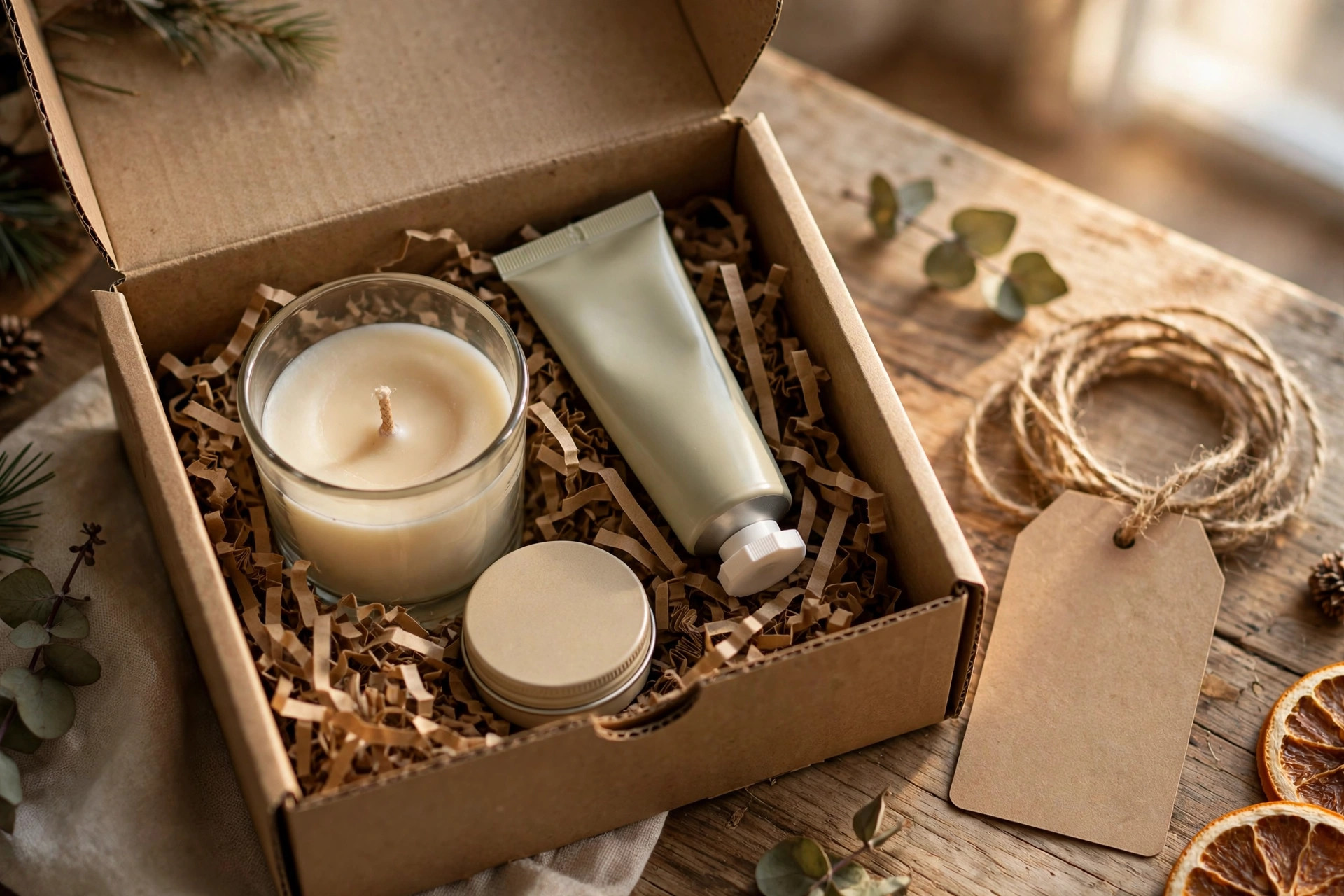 An open gift box showing a candle, hand cream, and lip balm with a blank gift tag beside it