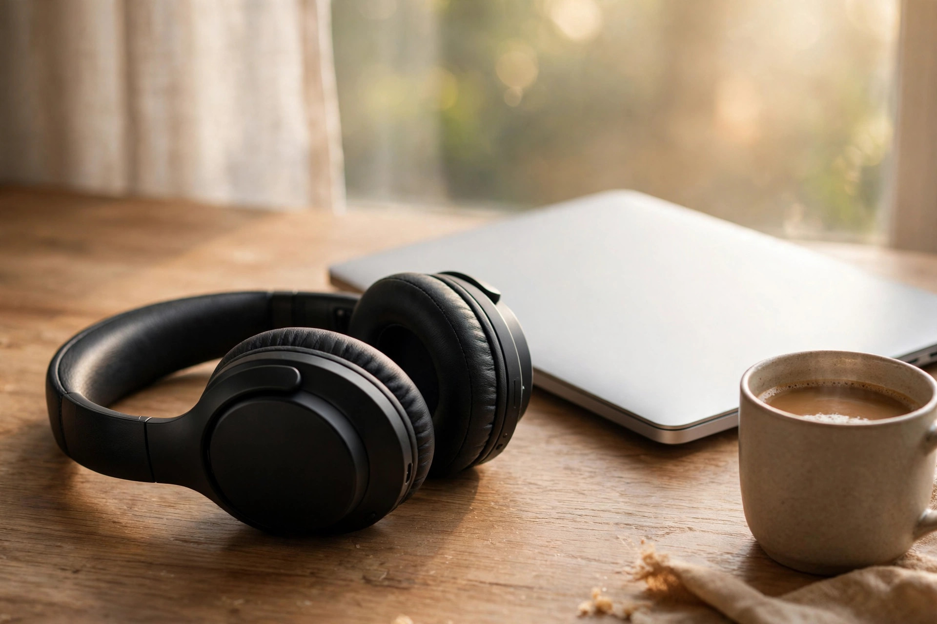 Matte-black over-ear headphones resting on a wooden desk beside a laptop and a coffee mug in morning light