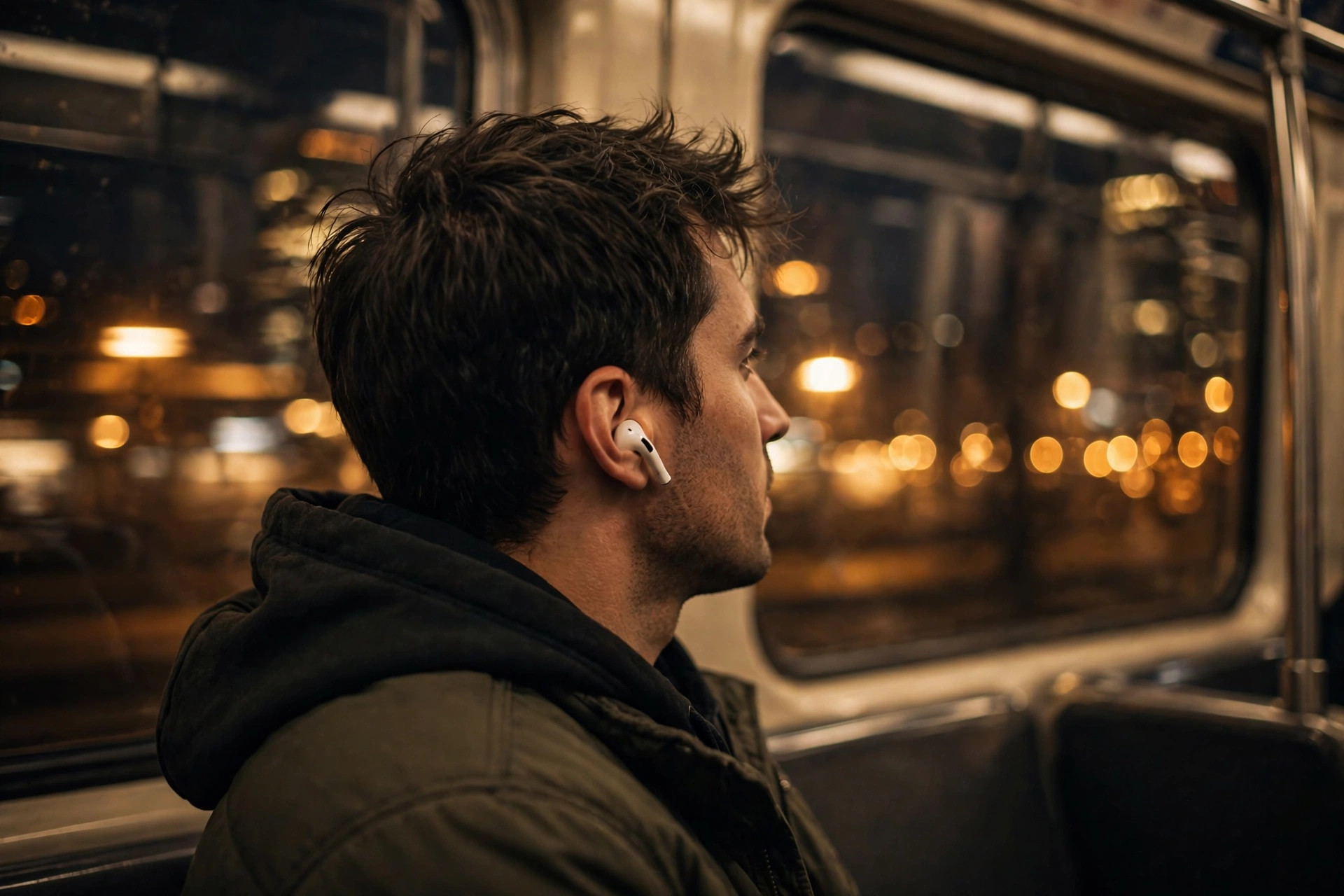 Commuter wearing white wireless earbuds on a subway train at night, city lights blurred through the windows
