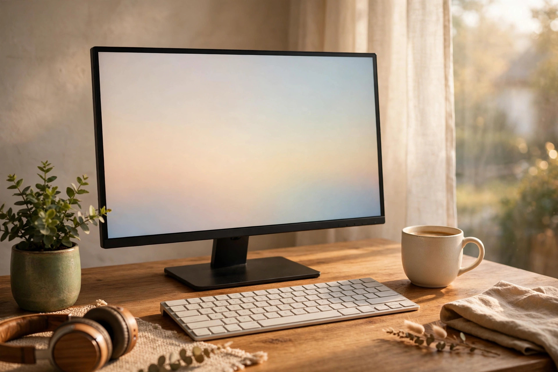 Home office desk with a monitor, keyboard, plant, and coffee mug in morning window light