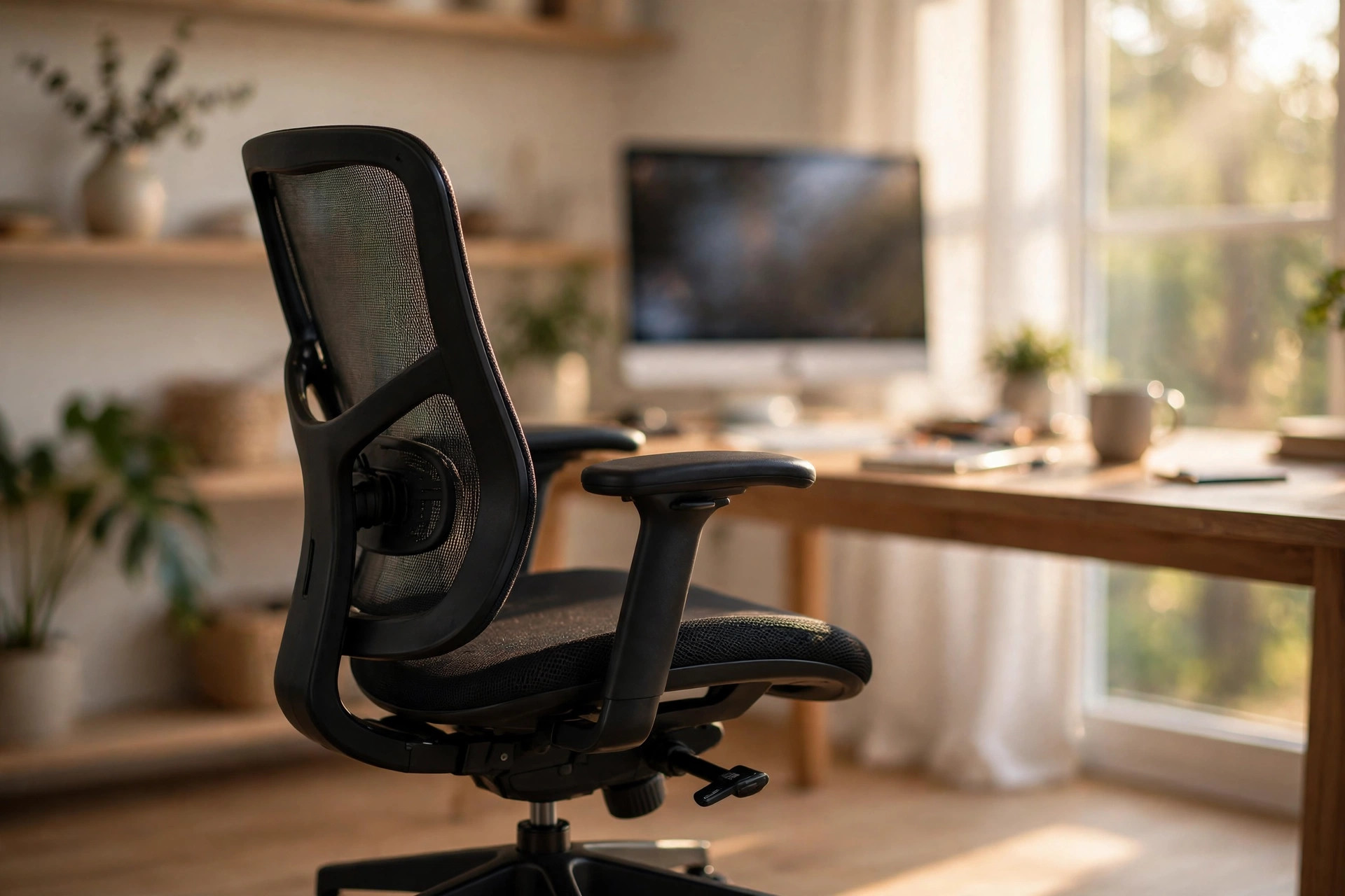 Ergonomic mesh office chair in a bright home office with a wooden desk
