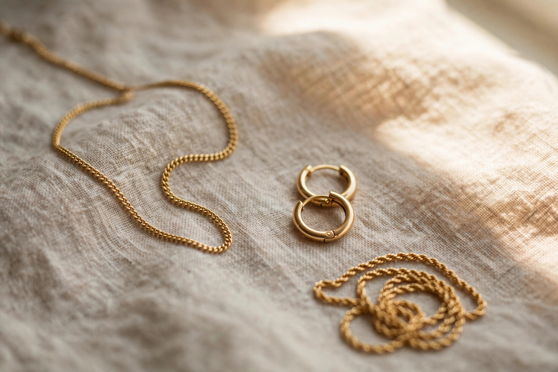 Gold chains and hoop earrings arranged on neutral linen in soft window light