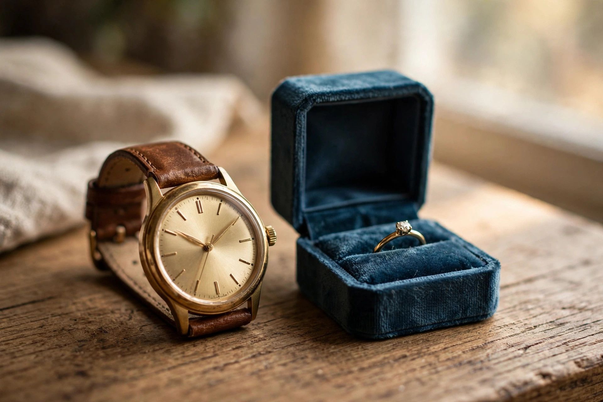 Classic wristwatch with a leather strap beside a diamond solitaire ring in a velvet box