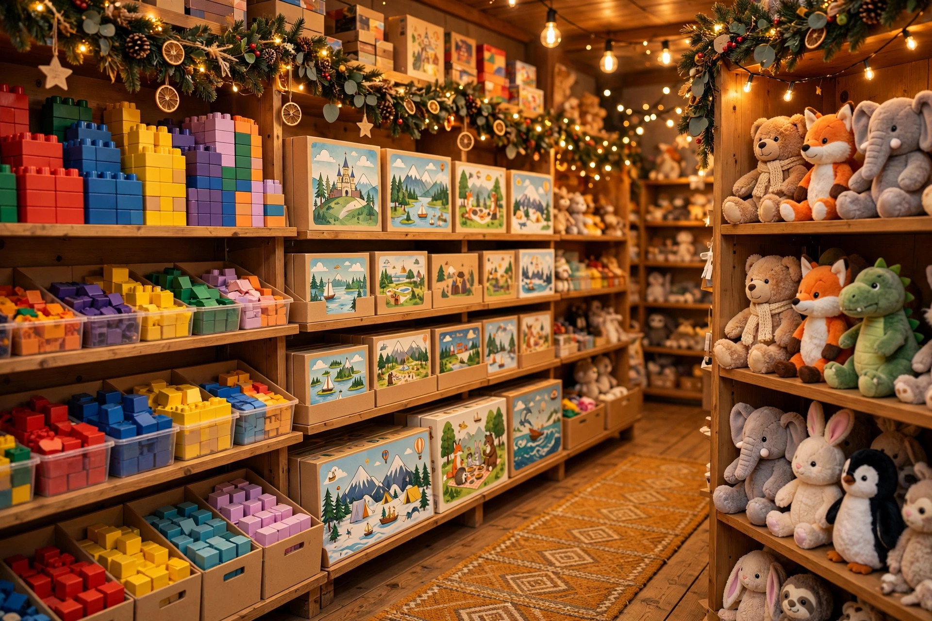 Festive toy store aisle with colorful building blocks, game boxes, and plush toys