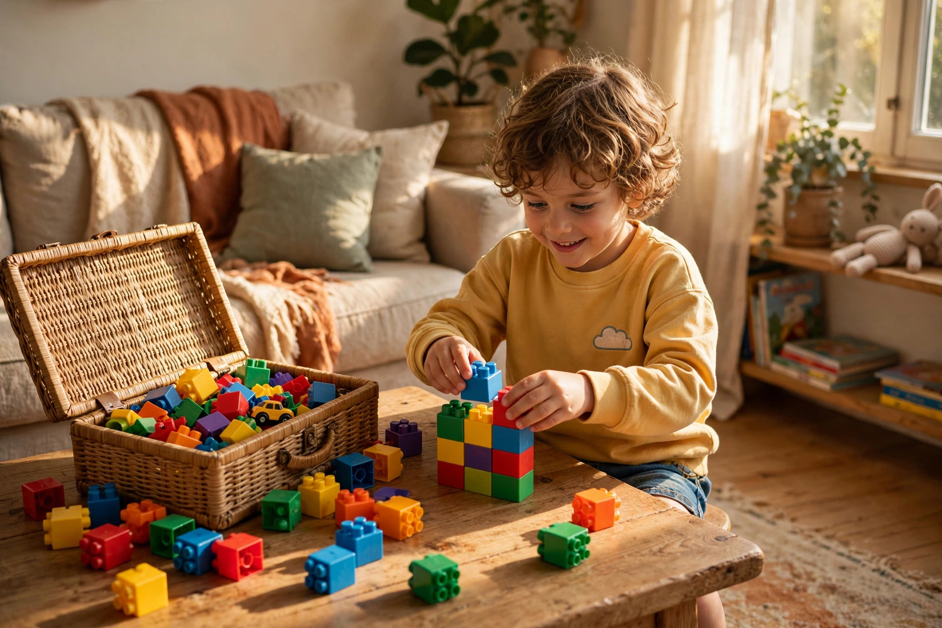 Child building with colorful interlocking blocks at a table in a sunlit living room
